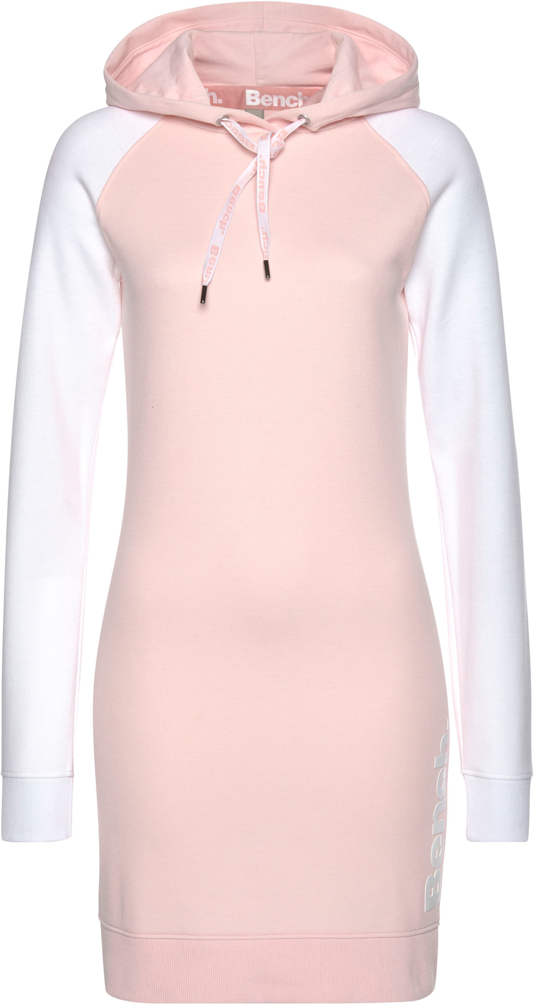 ein Kleid günstig Kaufen-Sweatkleid in weiß-rosa von heine. Sweatkleid in weiß-rosa von heine <![CDATA[Sweatkleid von Bench. Kapuze mit bedrucktem Kordelzug und Kontrastfarbene Raglanärmel. Aus 60% Baumwolle (unterstützt Cotton made in Africa), 40% Polyester.]]>. 