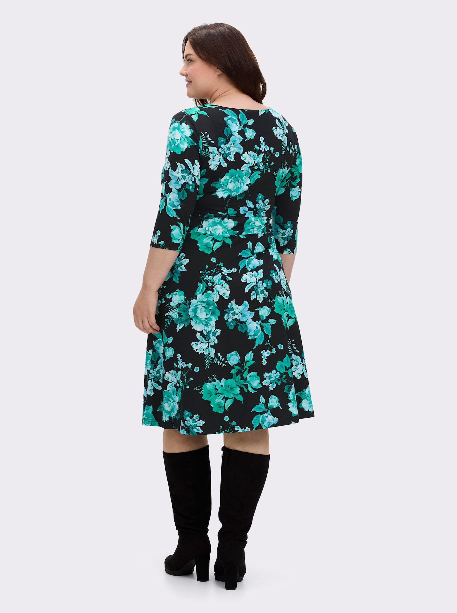 sheego by Joe Browns Jerseykleid mit V-Auschnitt und weitem Rockteil - schwarz-bedruckt