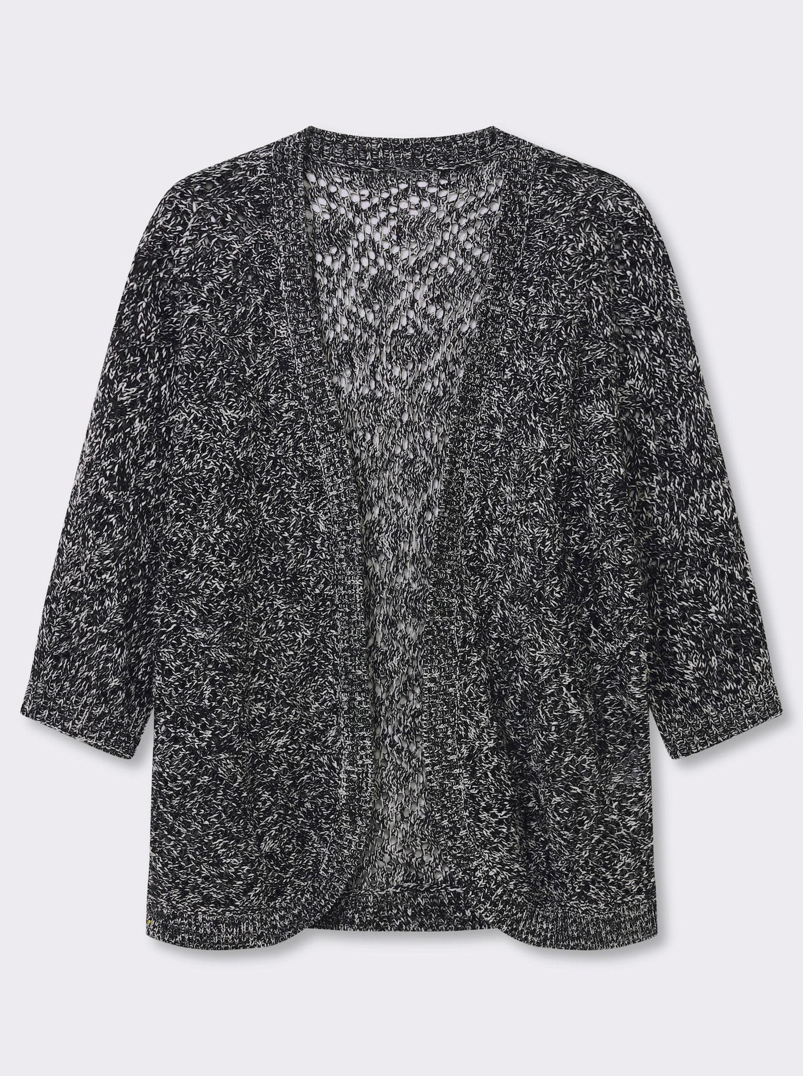 Ajourstrickjacke mit Fledermaus-Ärmeln - schwarz-ecru-meliert