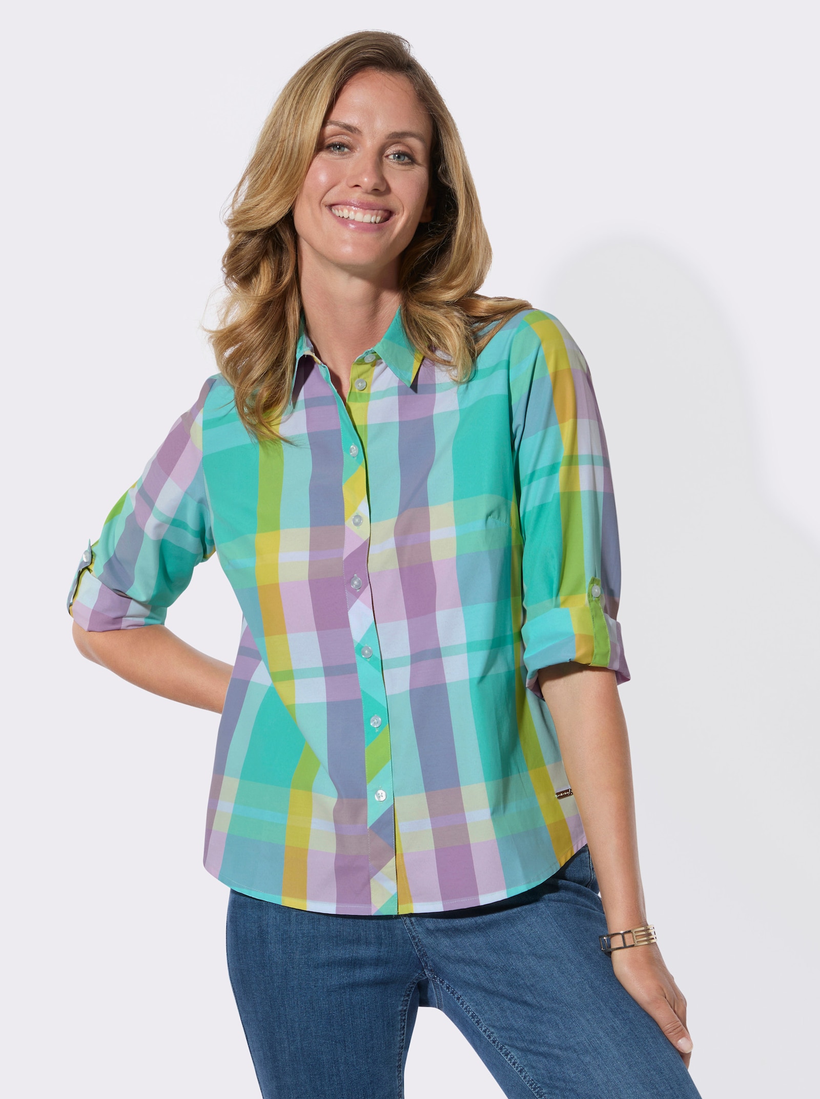 Karobluse mit Krempelärmeln - orchidee-blaugrün-kariert