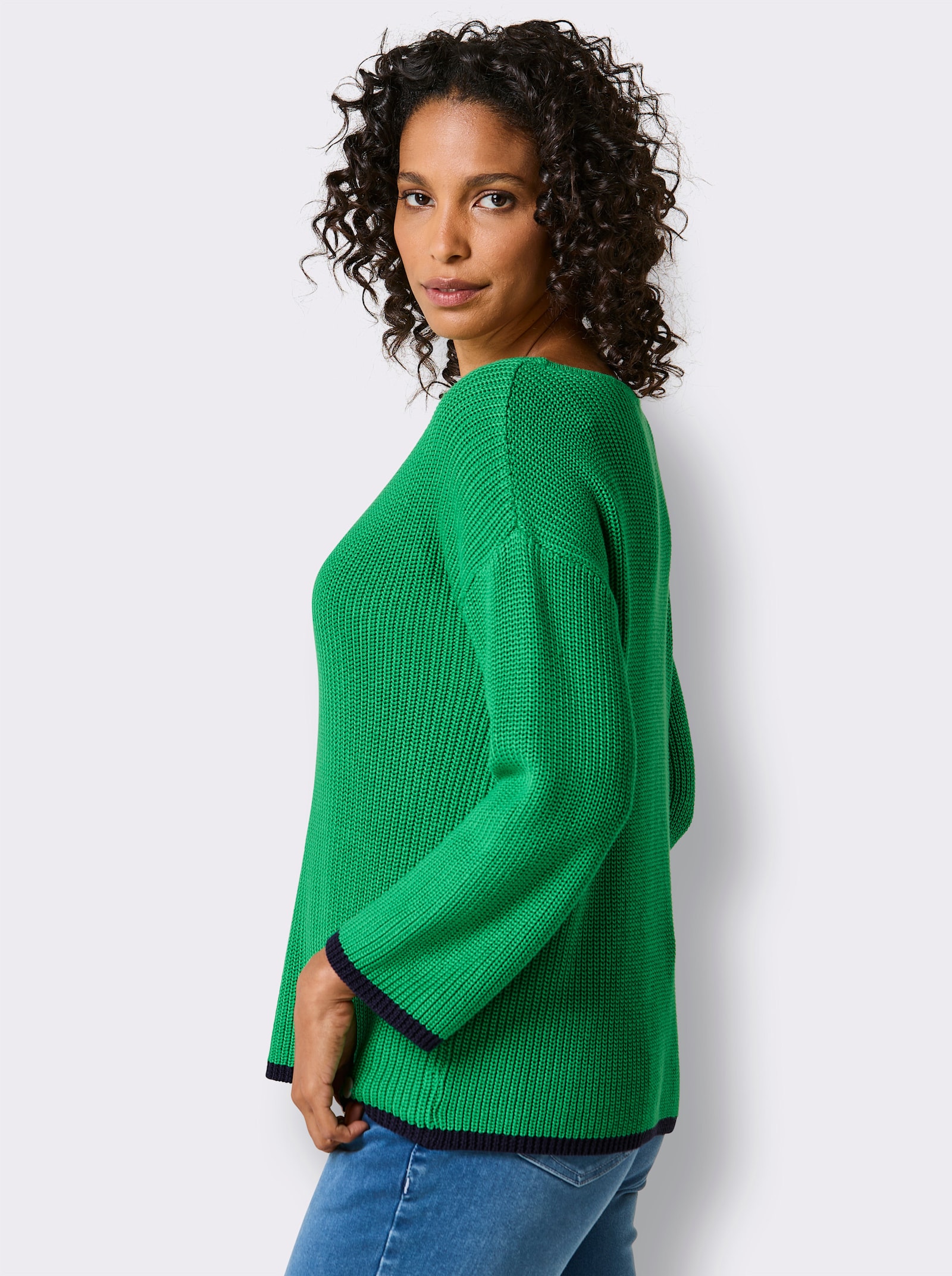 CREATION L PREMIUM 3/4 Arm-Pullover mit Kontrastkanten - grasgrün