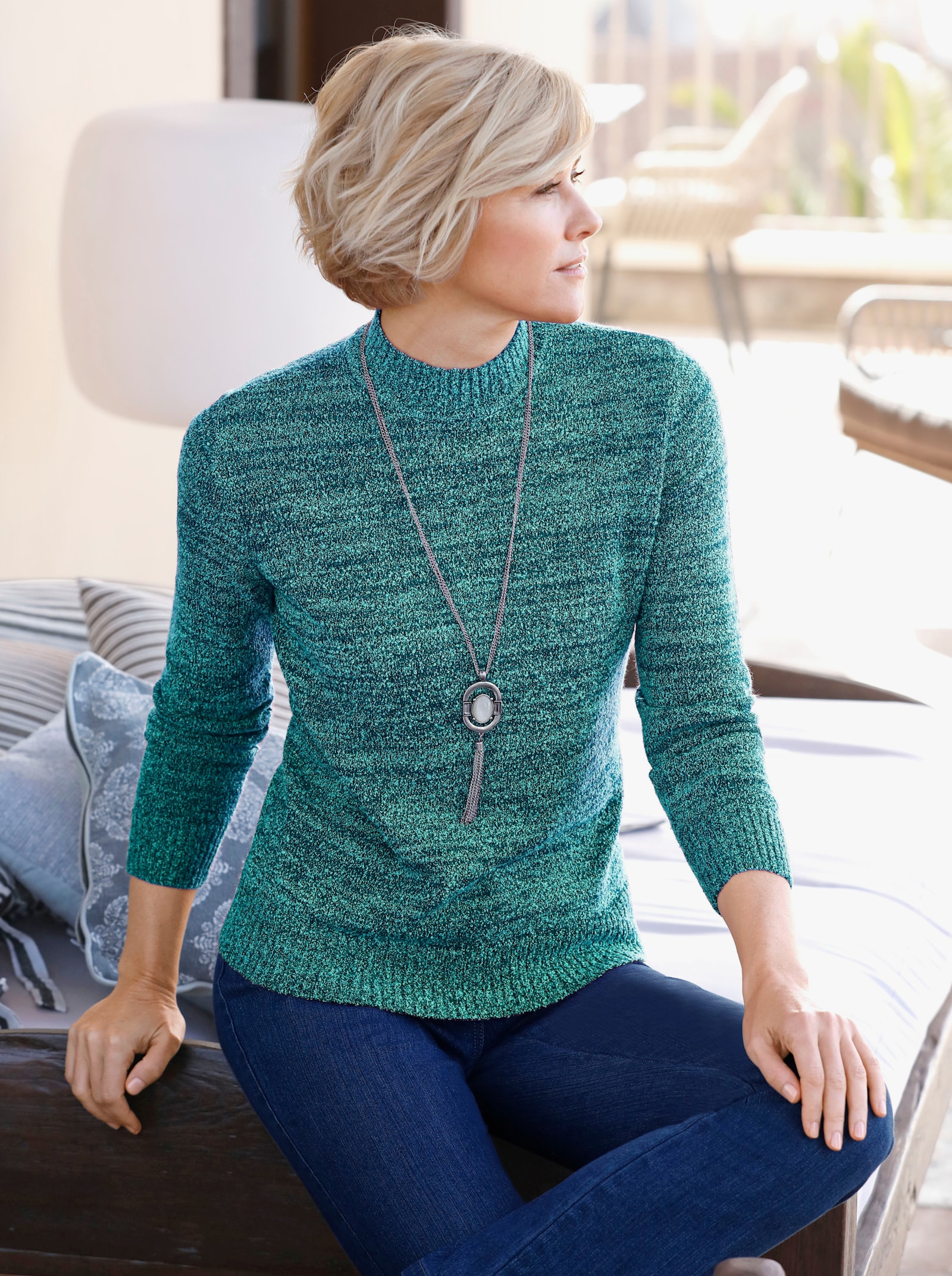 Svetr se stojáčkem z buklé - petrolejová-melír