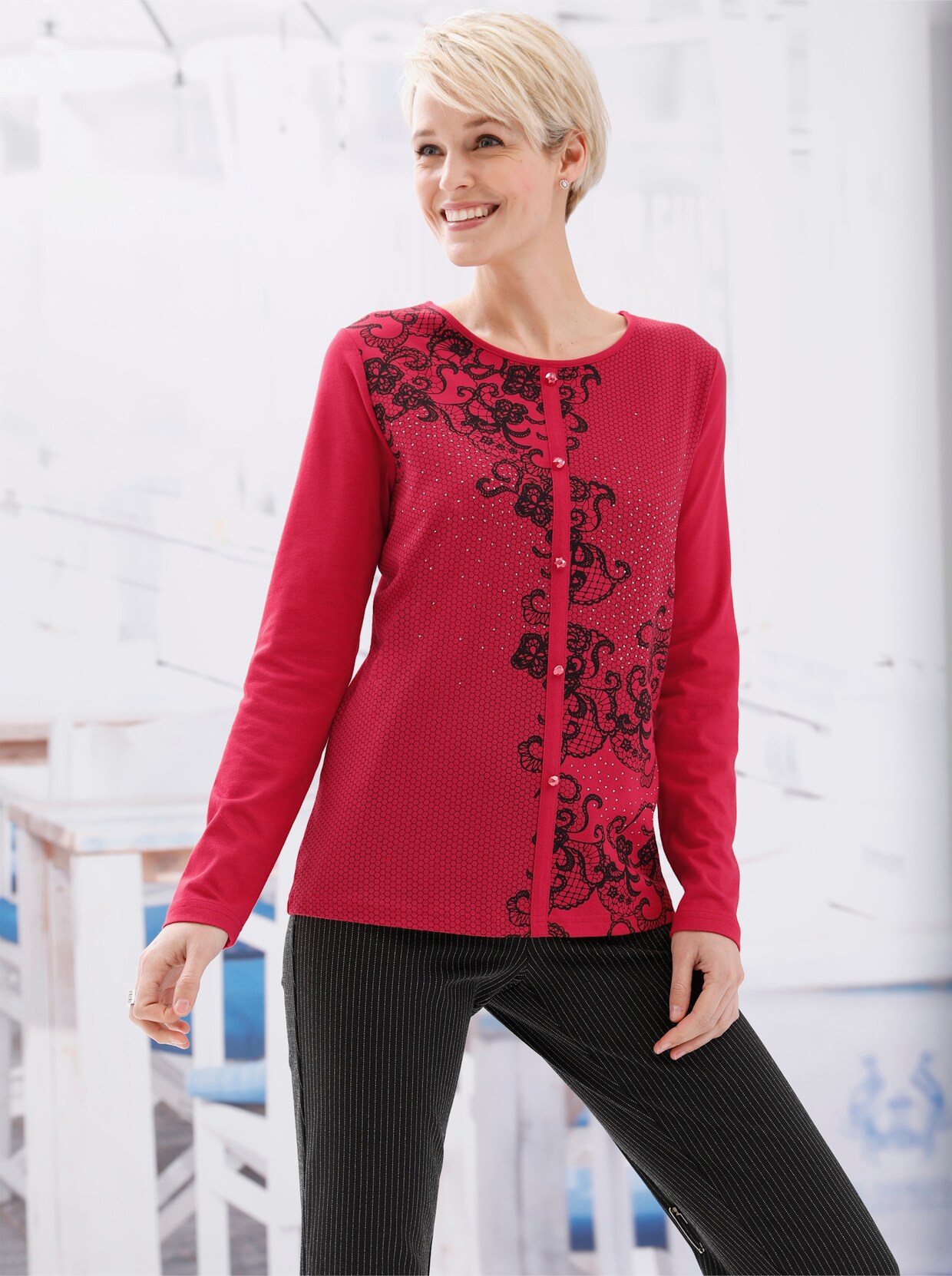 Shirt met lange mouwen - rood/zwart geprint