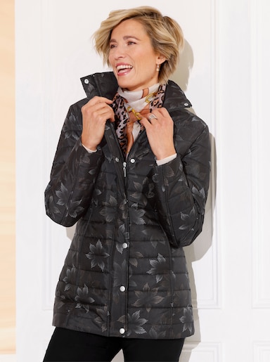 Steppjacke mit Blüten-Muster - schwarz-braun-bedruckt
