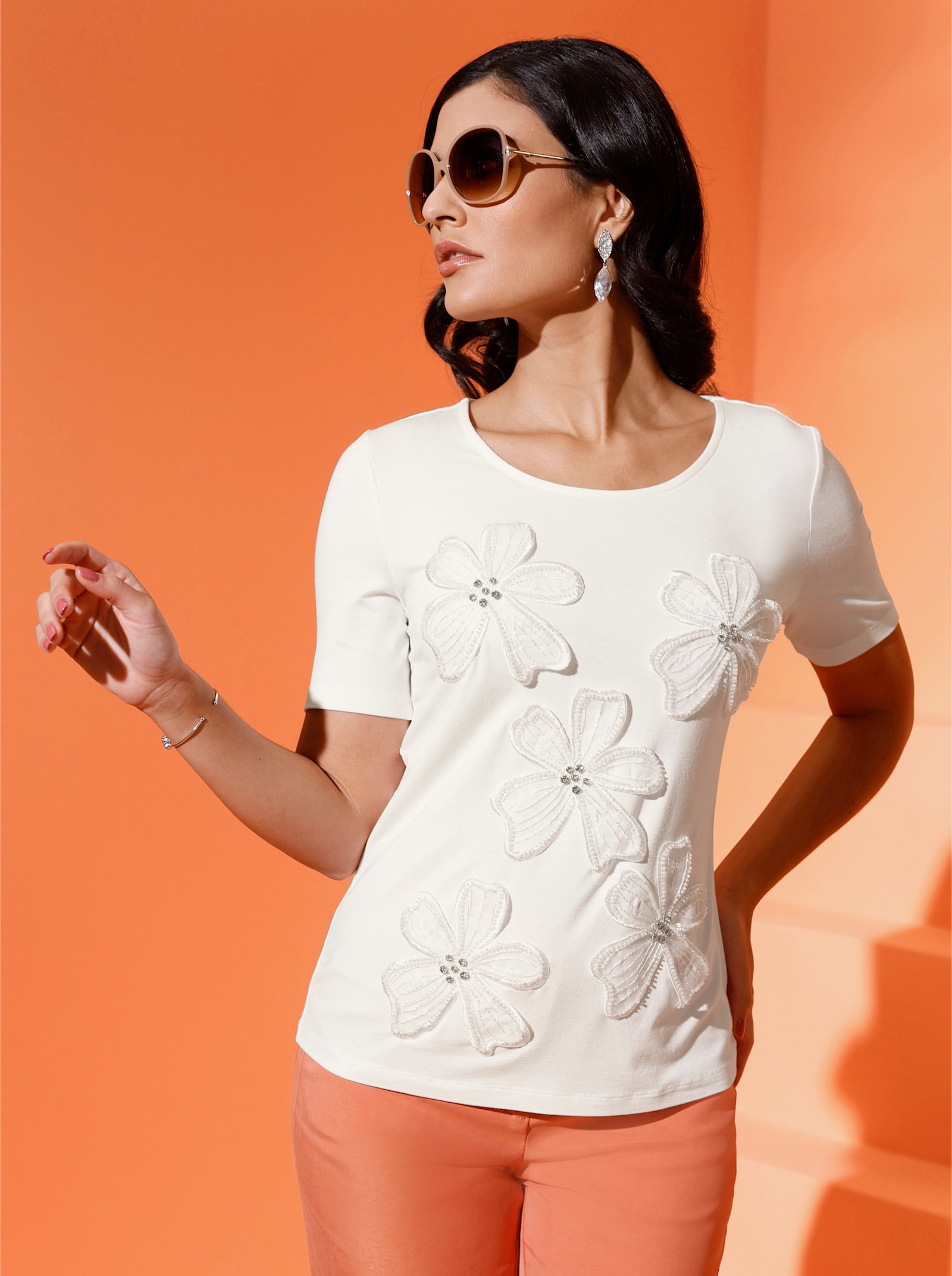 Kurzarmshirt mit transparenten Einsätzen - ecru