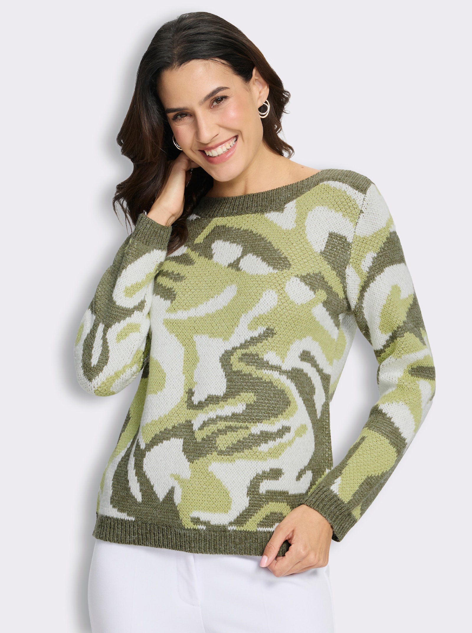 Jacquard-Pullover mit unifarbenen Abschlüssen - pistazie-khaki-gemustert