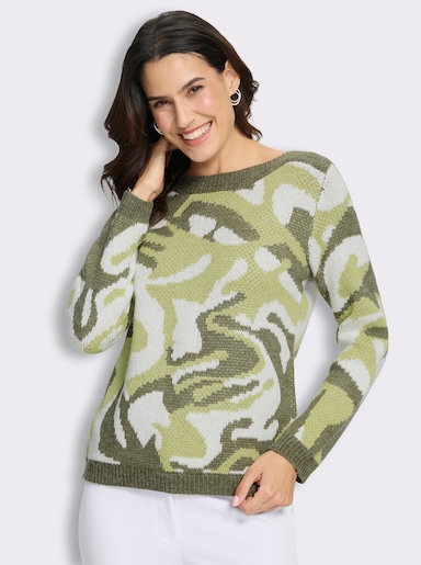 Jacquard-Pullover mit unifarbenen Abschlüssen - pistazie-khaki-gemustert