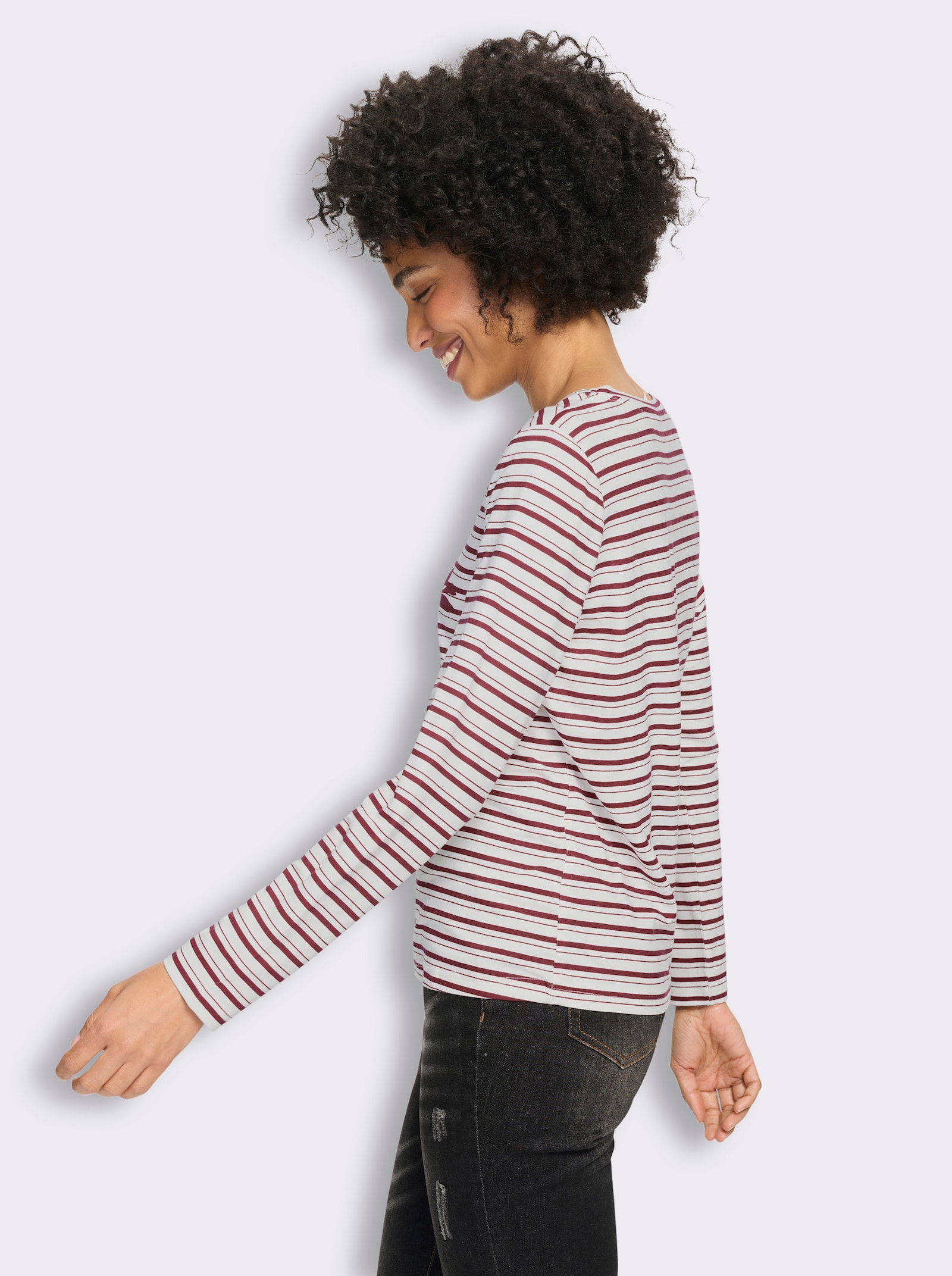 heine Langarmshirt mit Ringel- und Blüten-Print - bordeaux-ecru-geringelt
