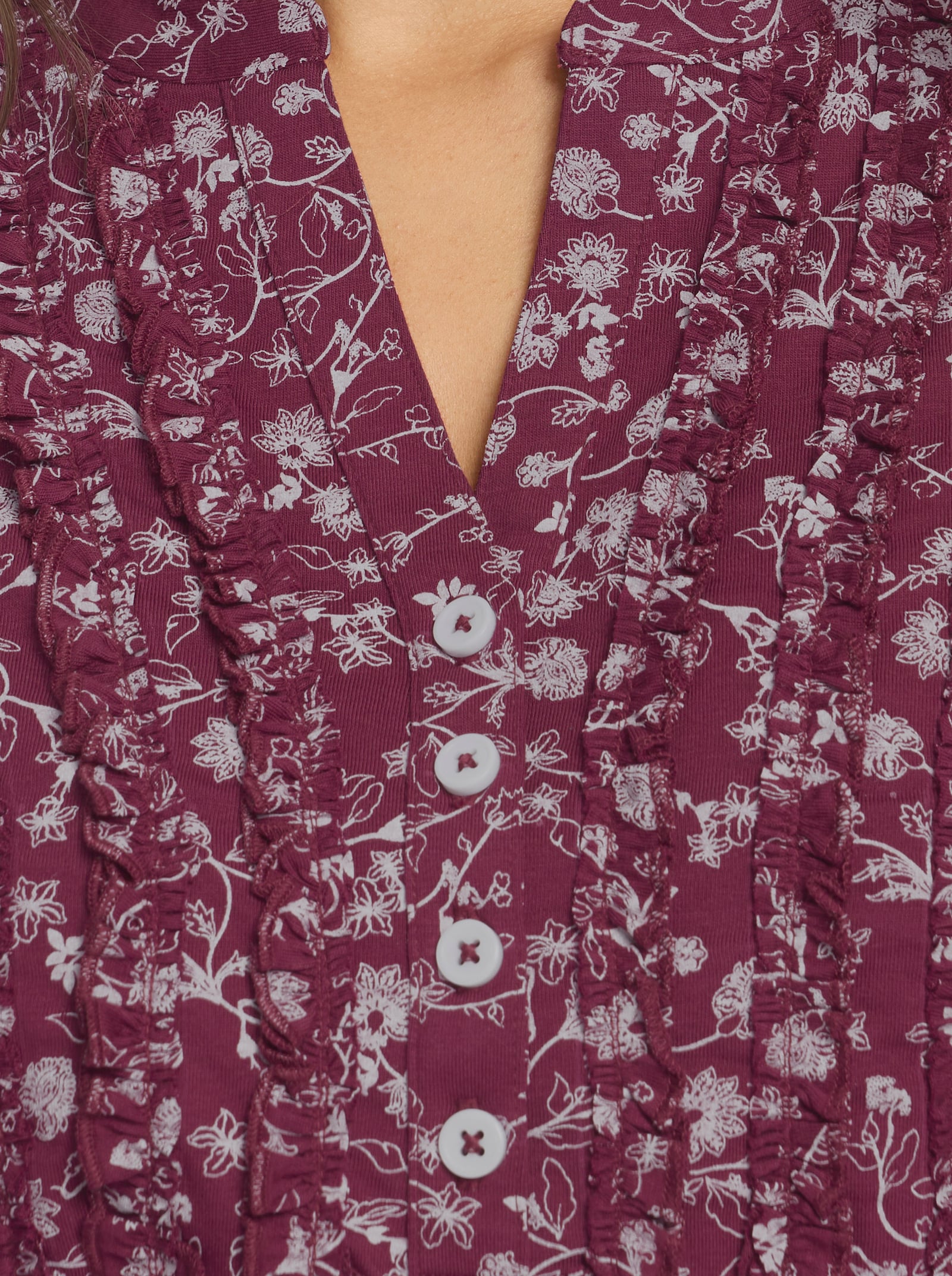 Langarmshirt mit Rüschen am Ausschnitt - bordeaux-ecru-bedruckt