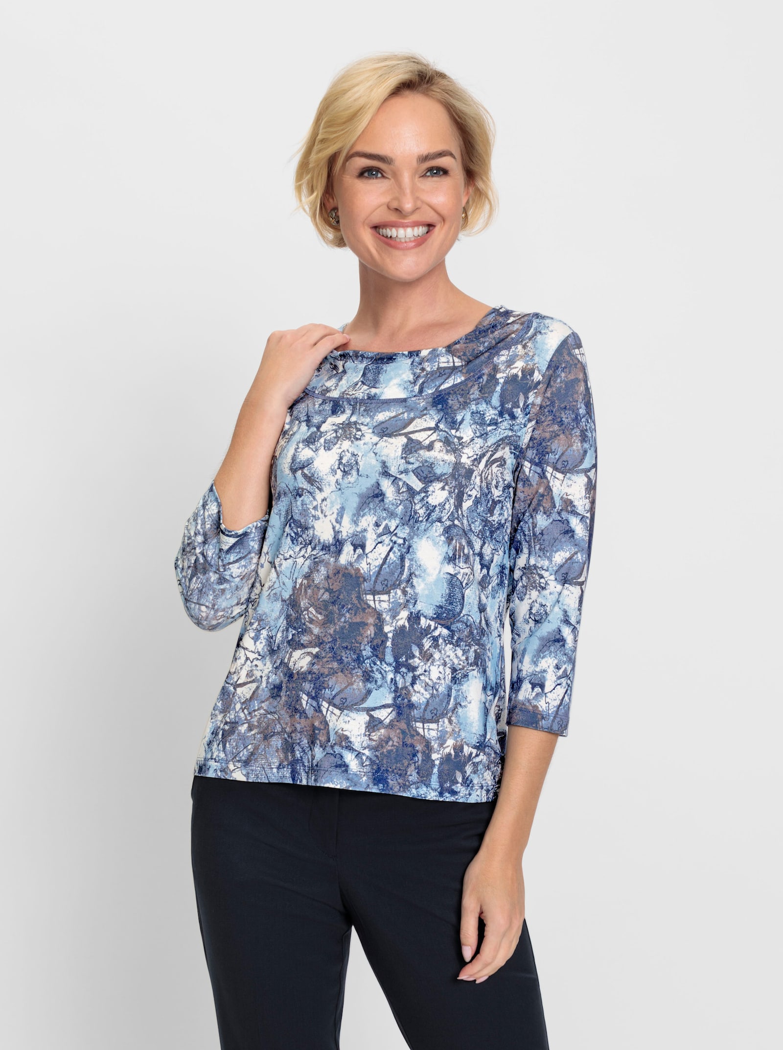 3/4-Arm-Shirt mit Beleg - eisblau-marine-bedruckt