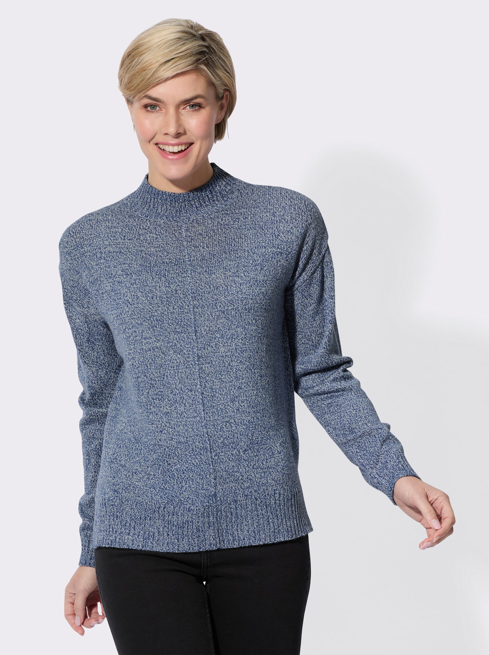 Stehkragenpullover mit Ziernaht, mittig - jeansblau-meliert