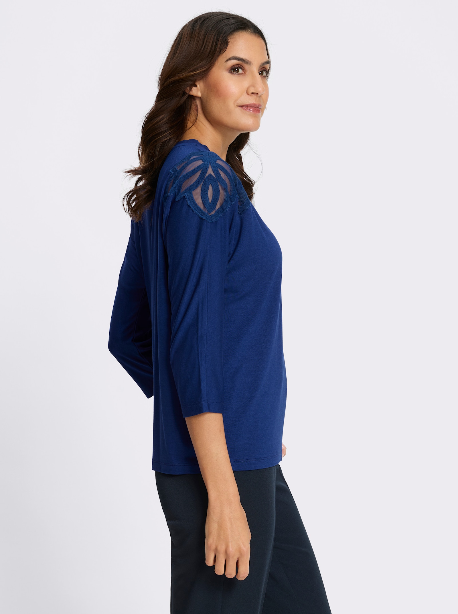 3/4-Arm-Shirt mit Spitzeneinsatz an der Schulter - royalblau