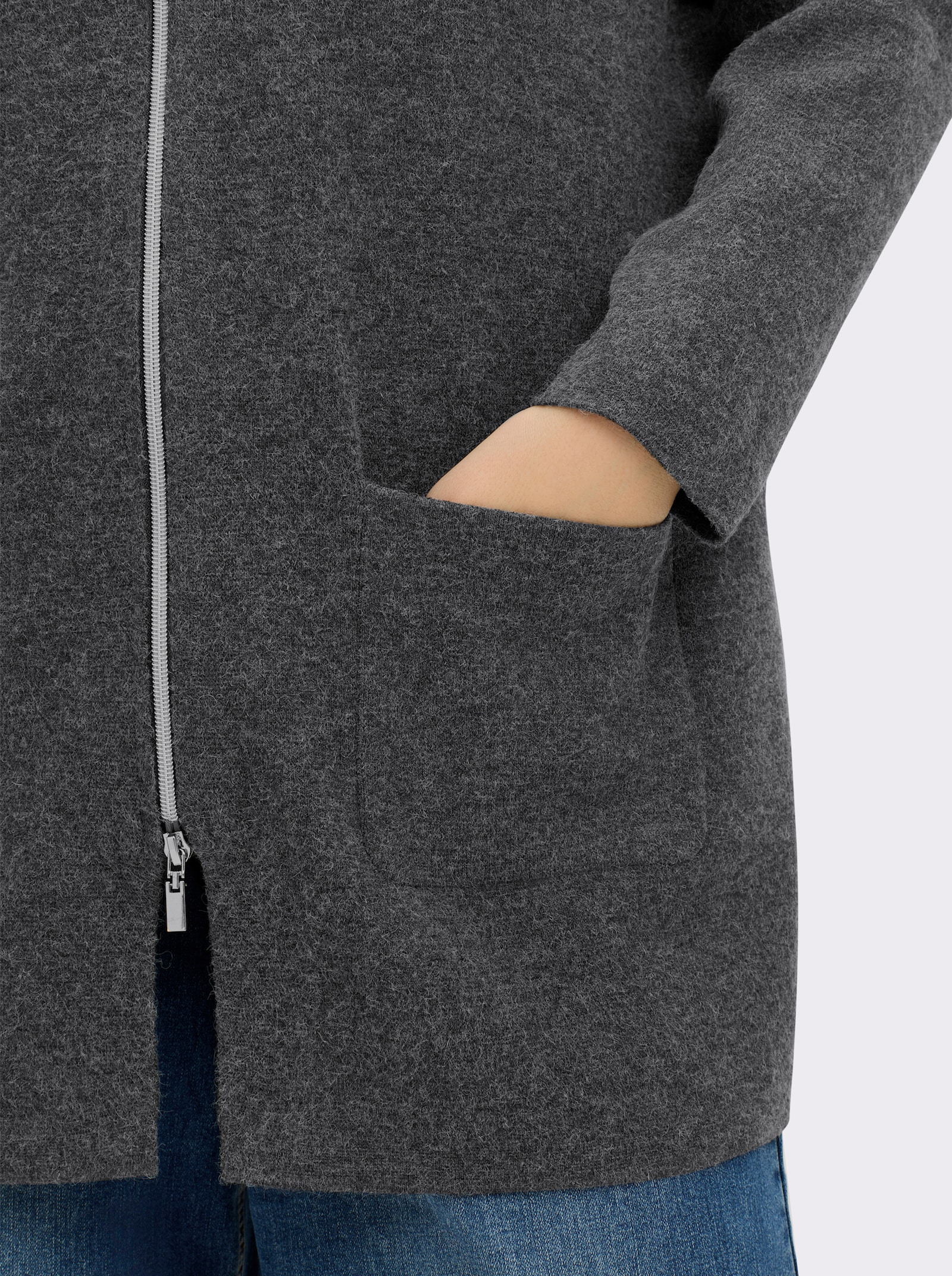 sheego Strickjacke mit Zipper und Umlegekragen - graphit-meliert