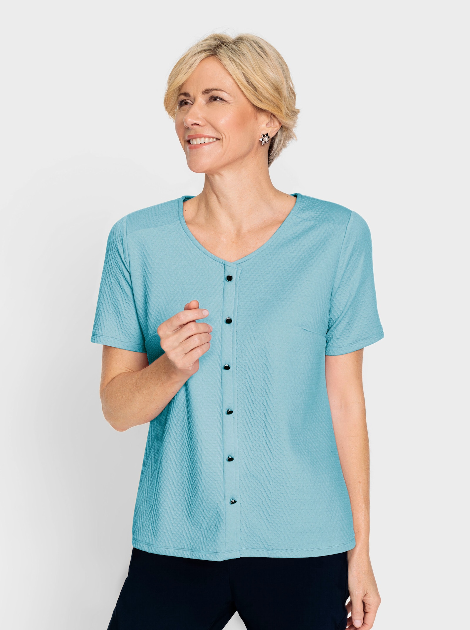 V-Shirt mit Schulterpassen - aquamarin