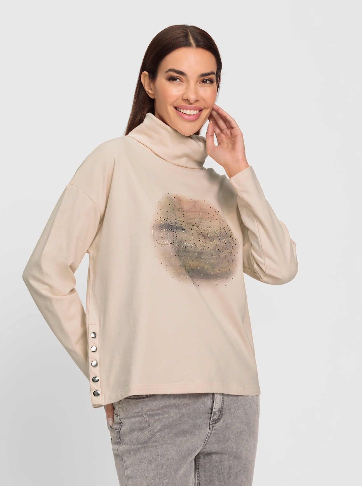 heine Sweatshirt - ivoor/kaki bedrukt