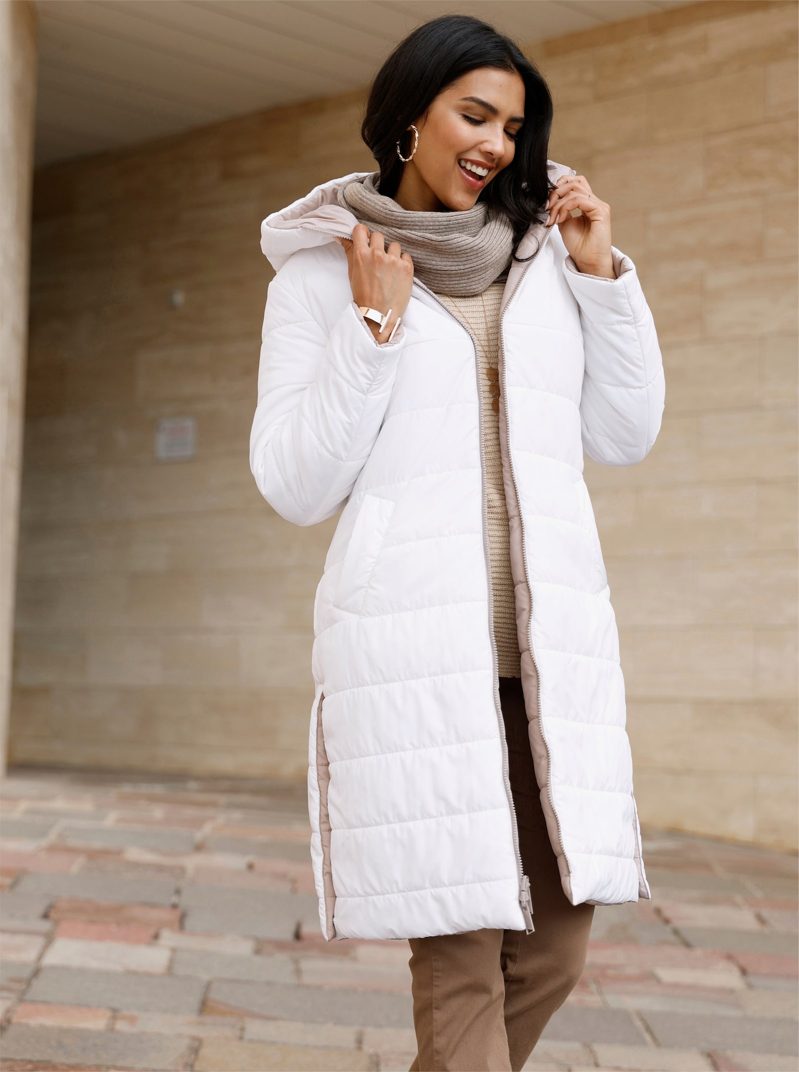 Steppmantel zum Wenden, wattiert - sesam-ecru