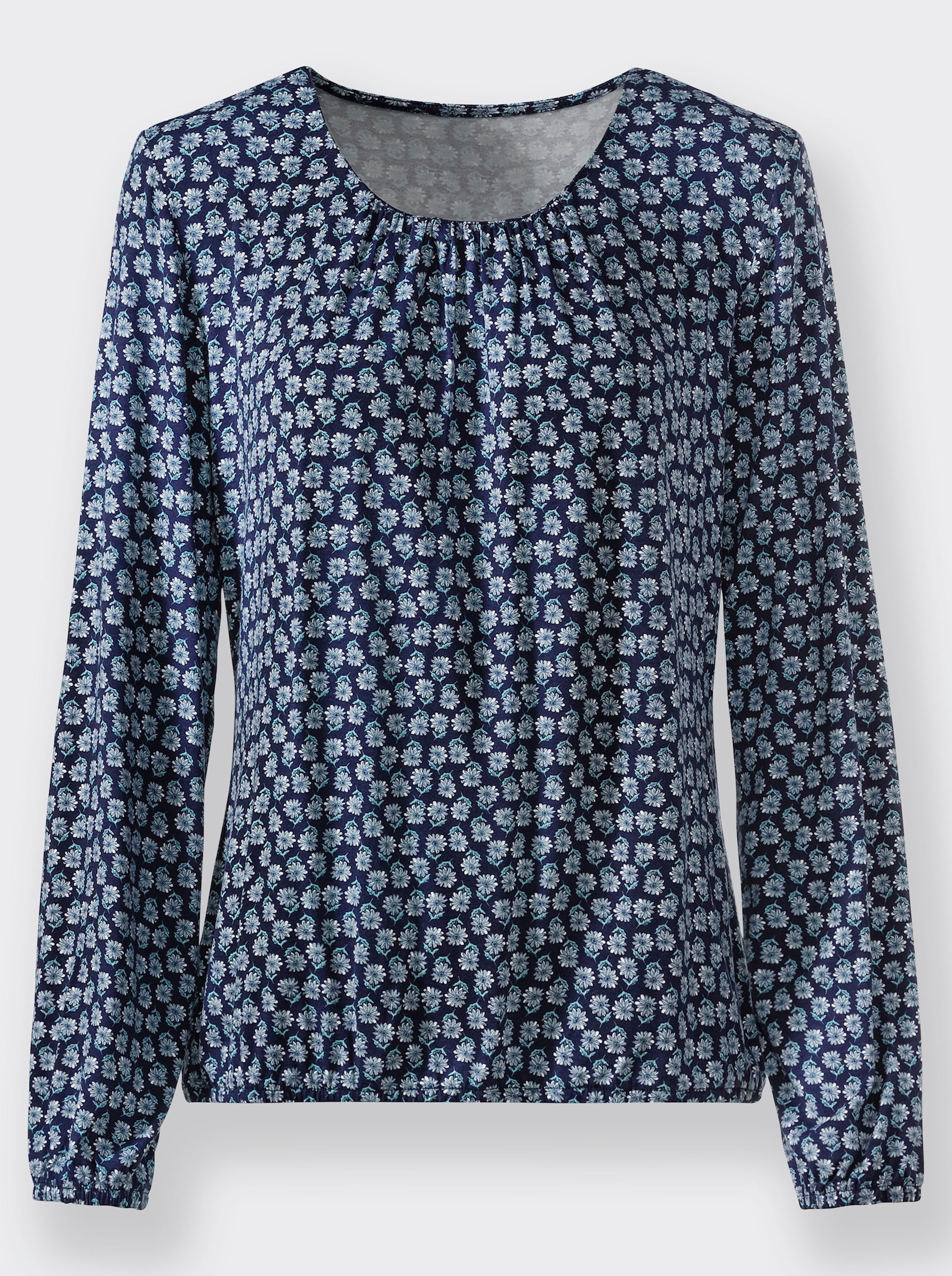 Shirt met print en met elastiek in mouwen en zoom - nachtblauw/salie bedrukt