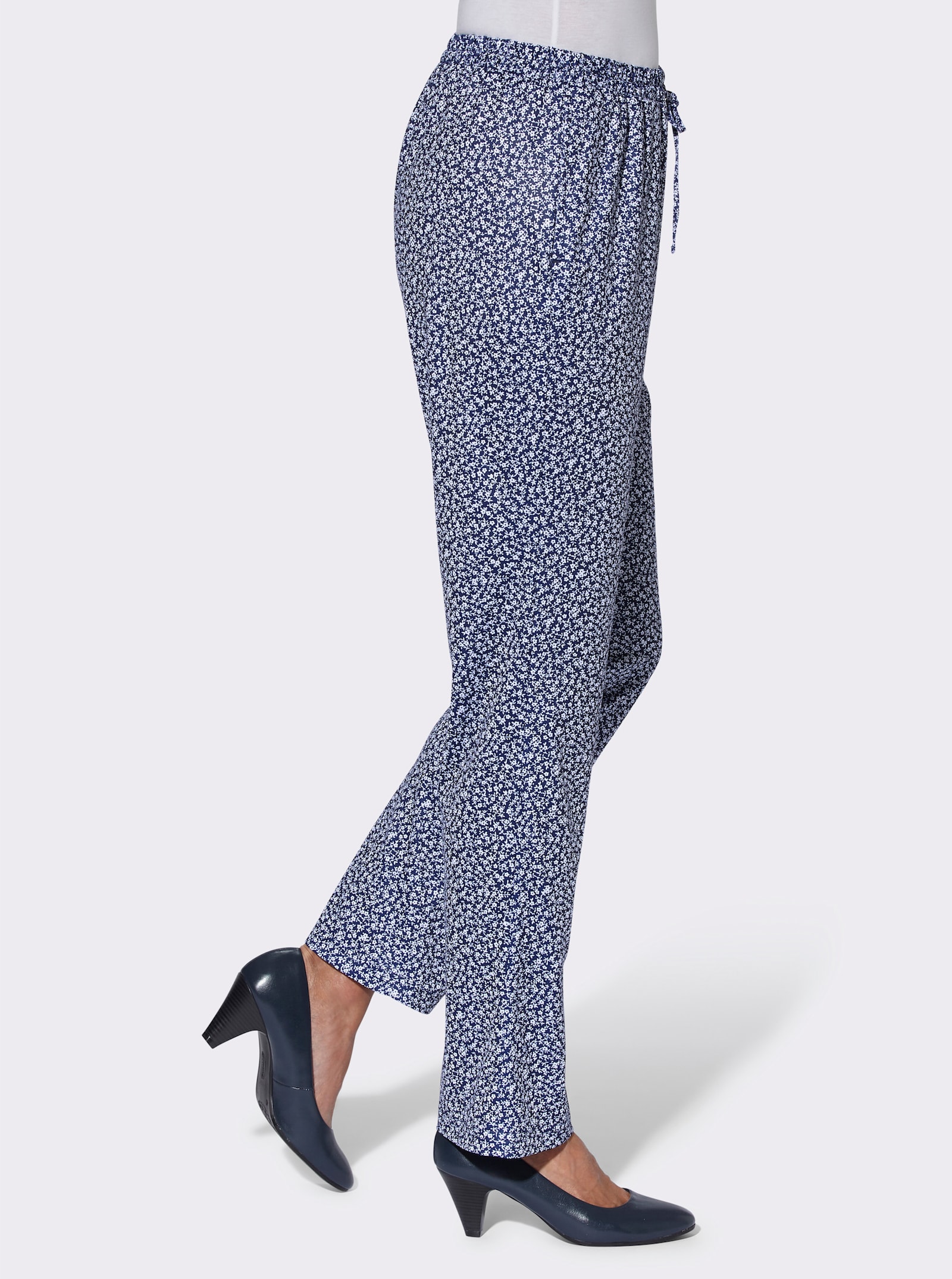 Jerseybroek in comfortmodel - marine gebloemd