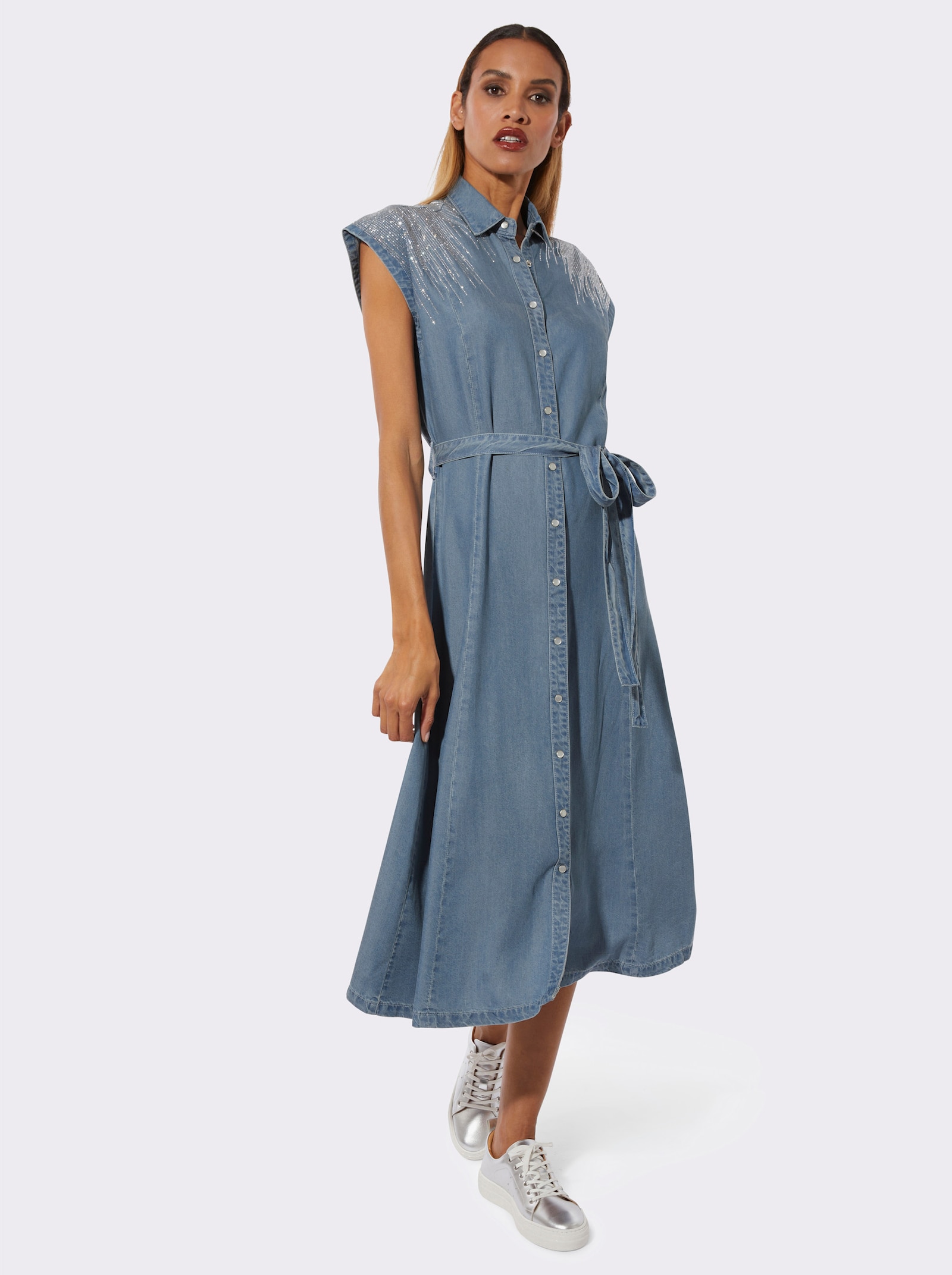 Jeansjurk met glittersteentjes voor en achter - blue-bleached