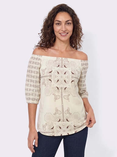 Print-Shirt mit Carmen-Ausschnitt - schoko-champagner-bedruckt