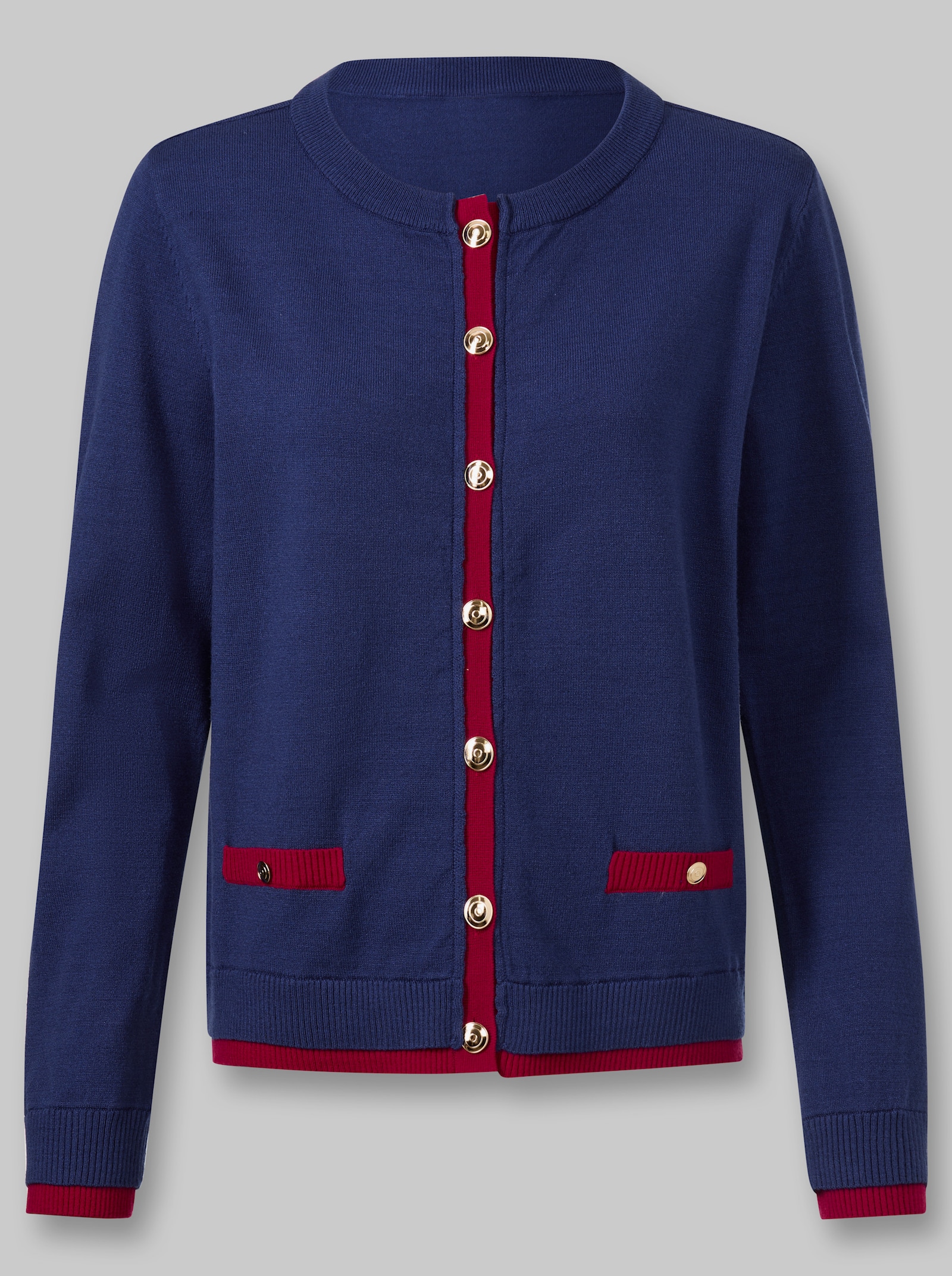 heine Strickjacke mit goldfarbenen Knöpfen - royalblau-rot