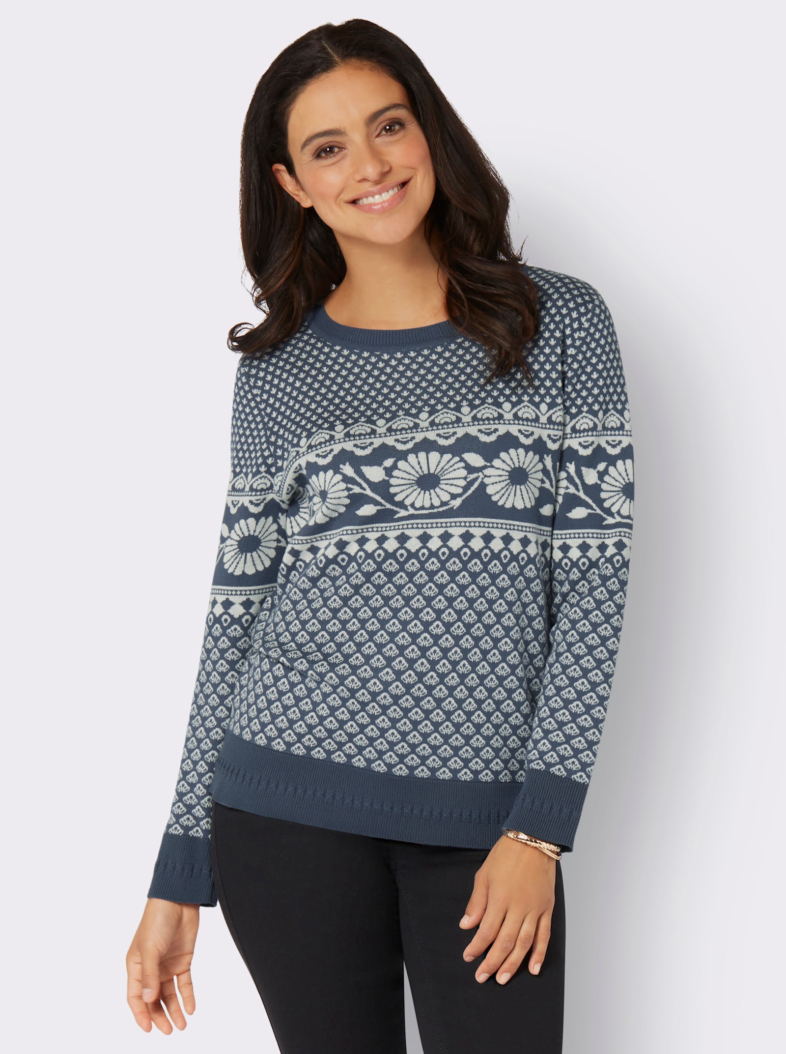 Pull jacquard style norvégien - bleu fumée-couleur ivoire à motifs