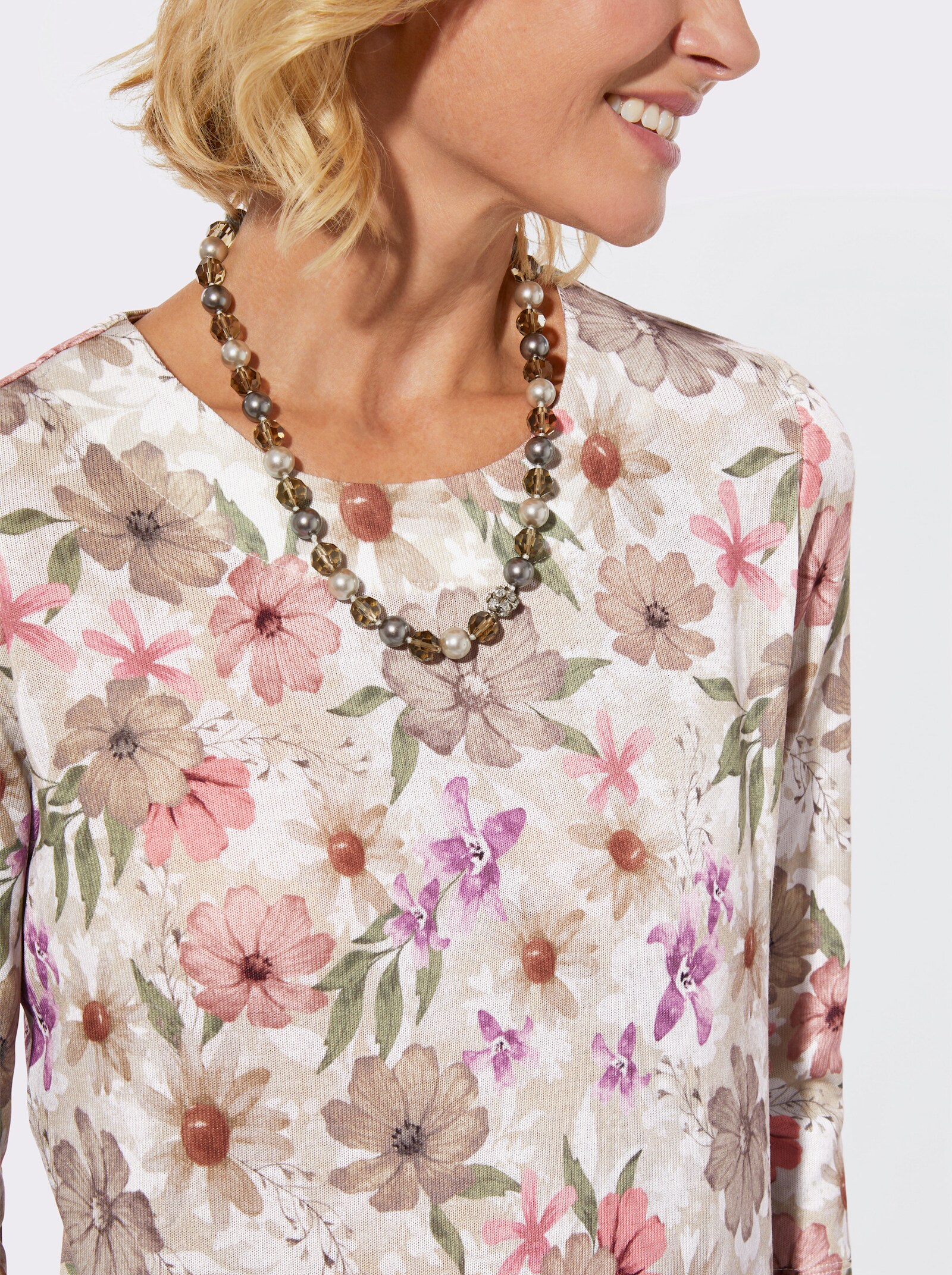 Rundhalsshirt mit 3/4-Ärmeln - sand-taupe-bedruckt