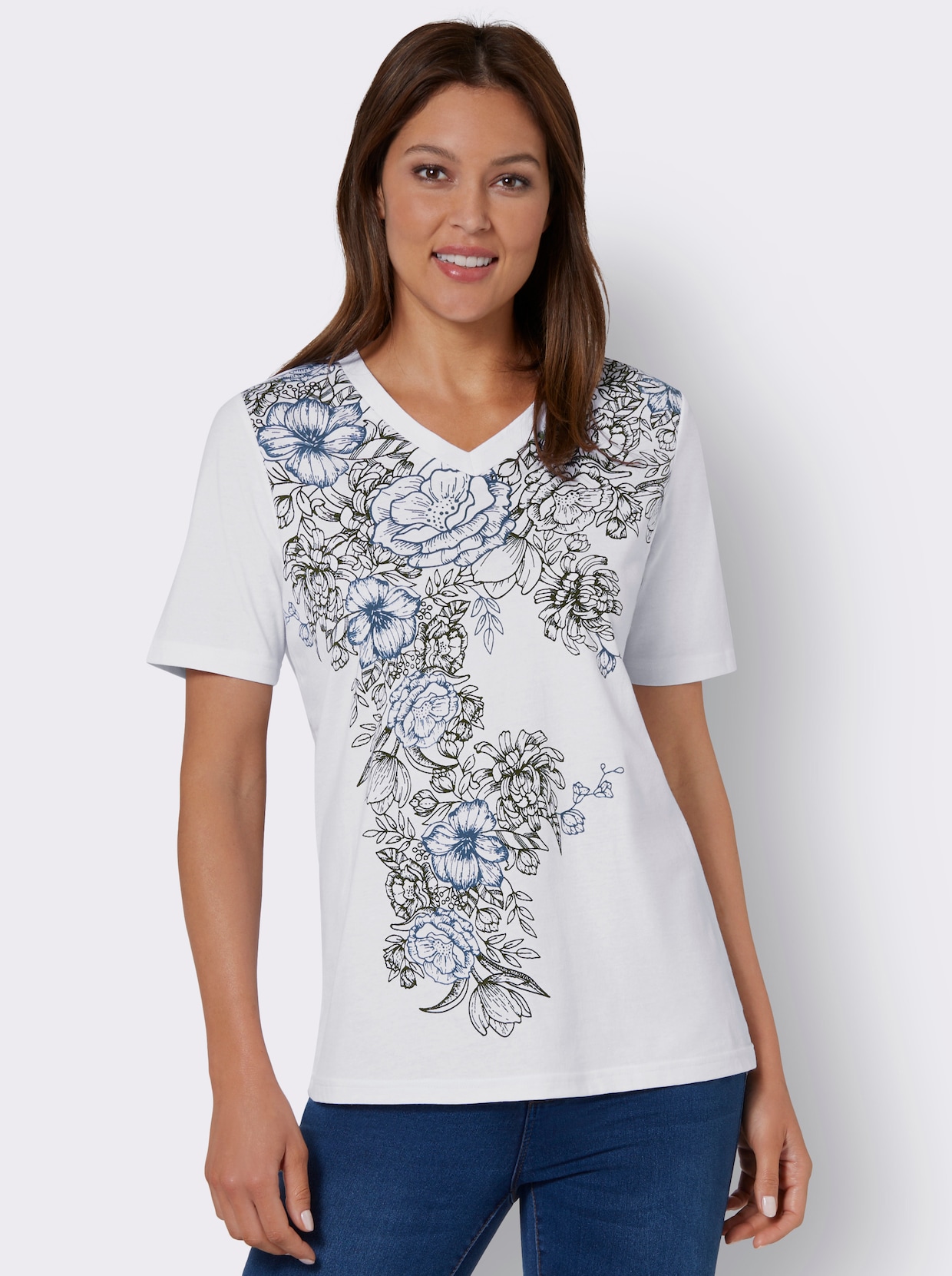 Shirt met V-hals - wit geprint