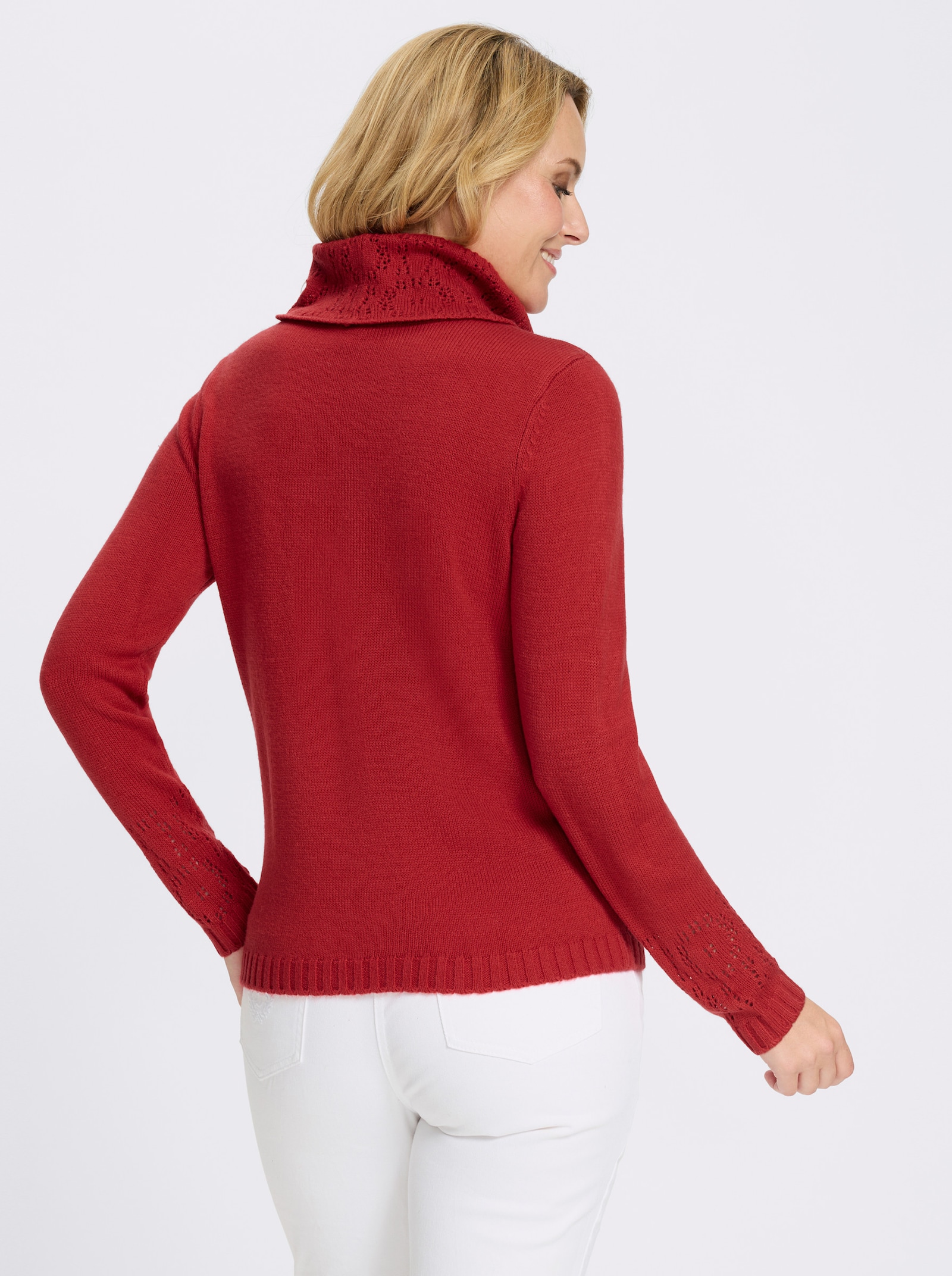 Rollkragenpullover mit Ajourmuster - erdbeere