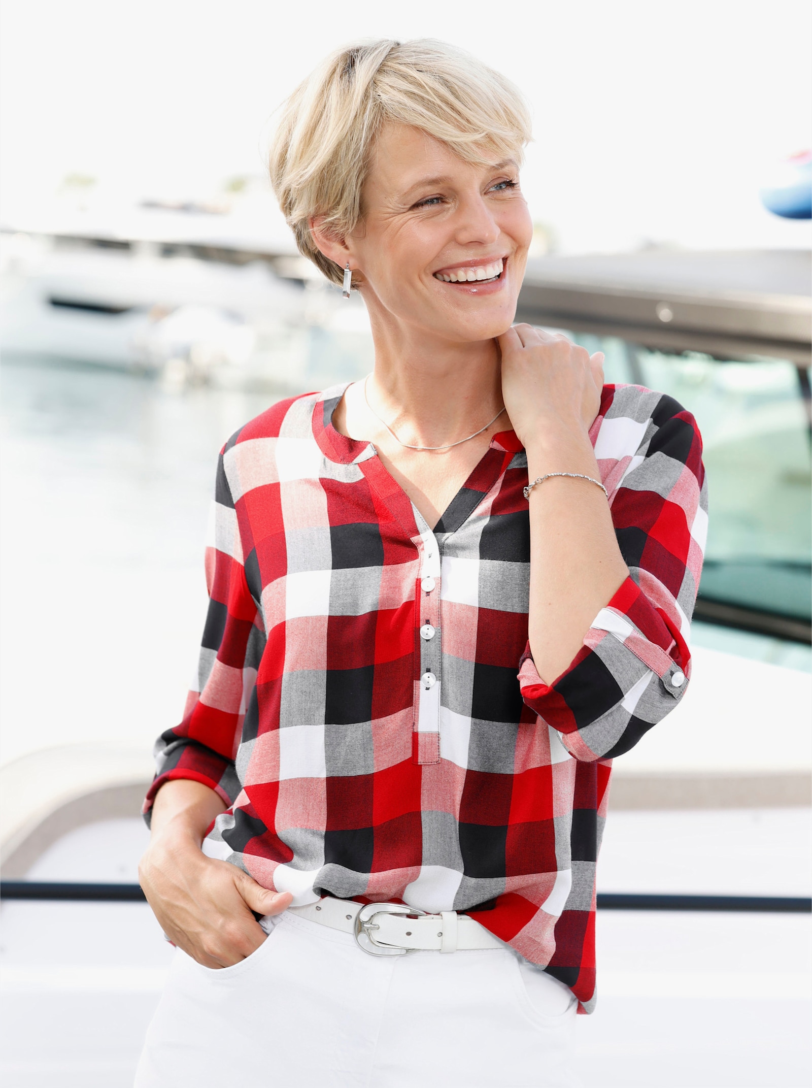 Karobluse Mit Krempelärmeln - rot-marine-kariert