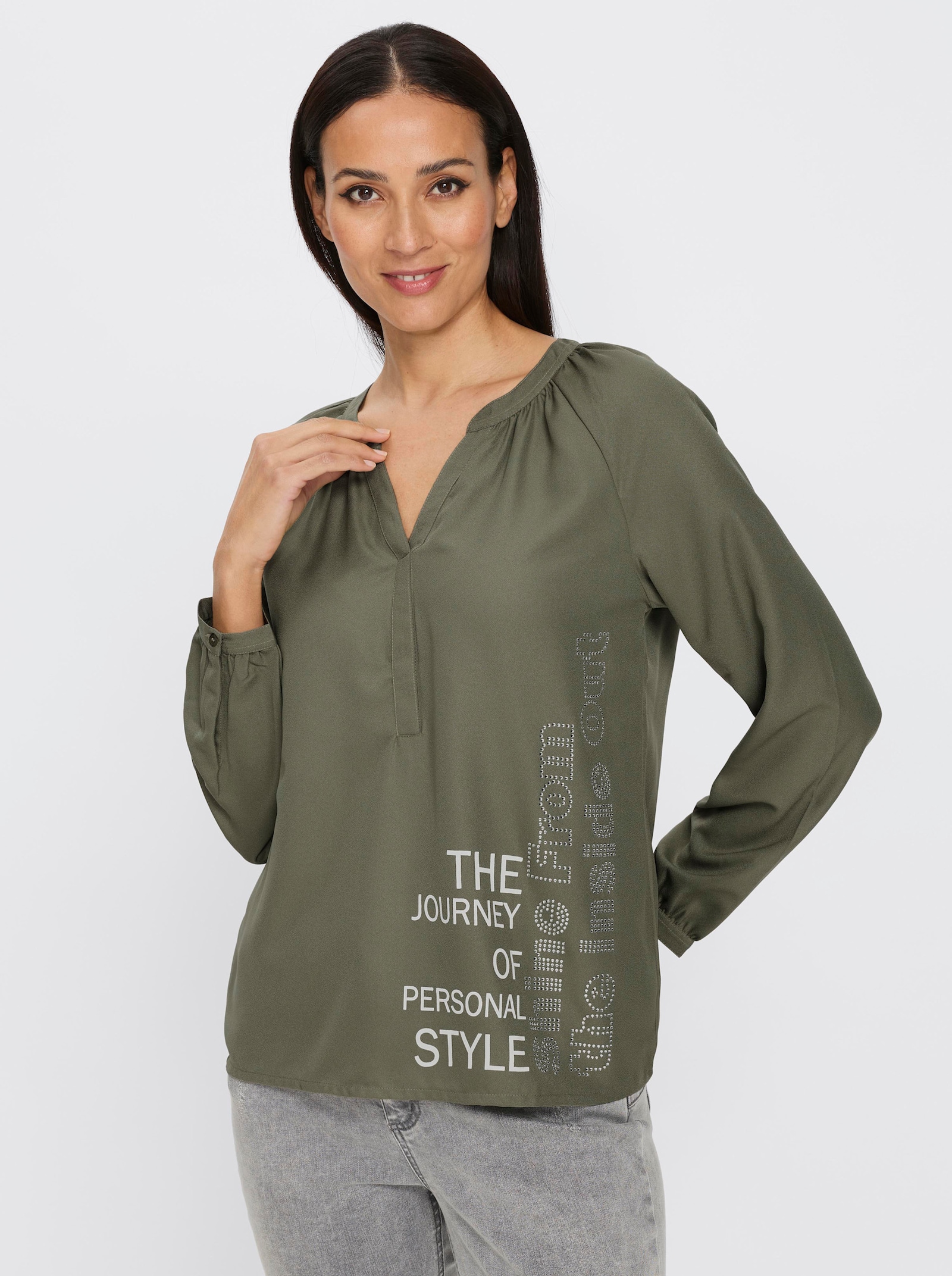 heine Schlupfbluse mit Schriftzug - moos-ecru