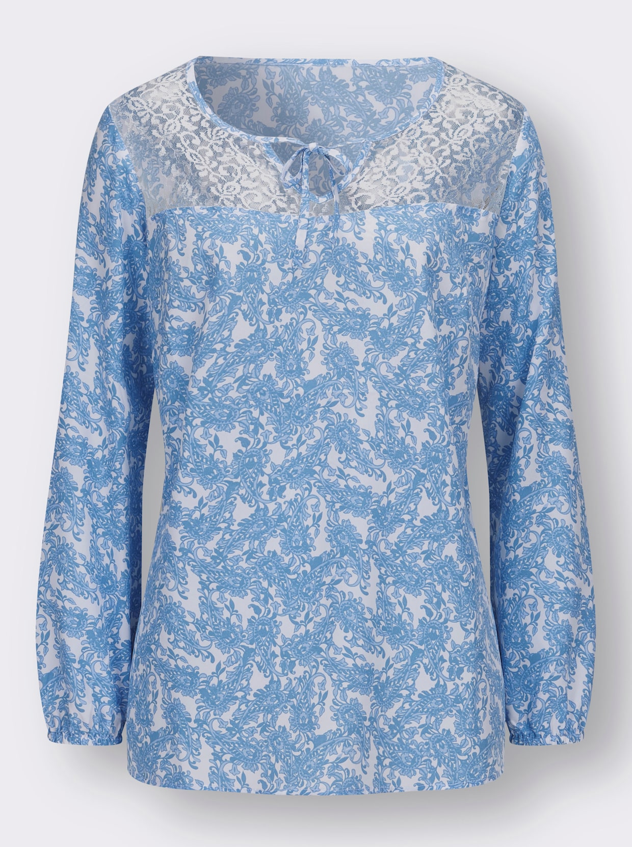 Comfortabele blouse - wit/hemelsblauw bedrukt