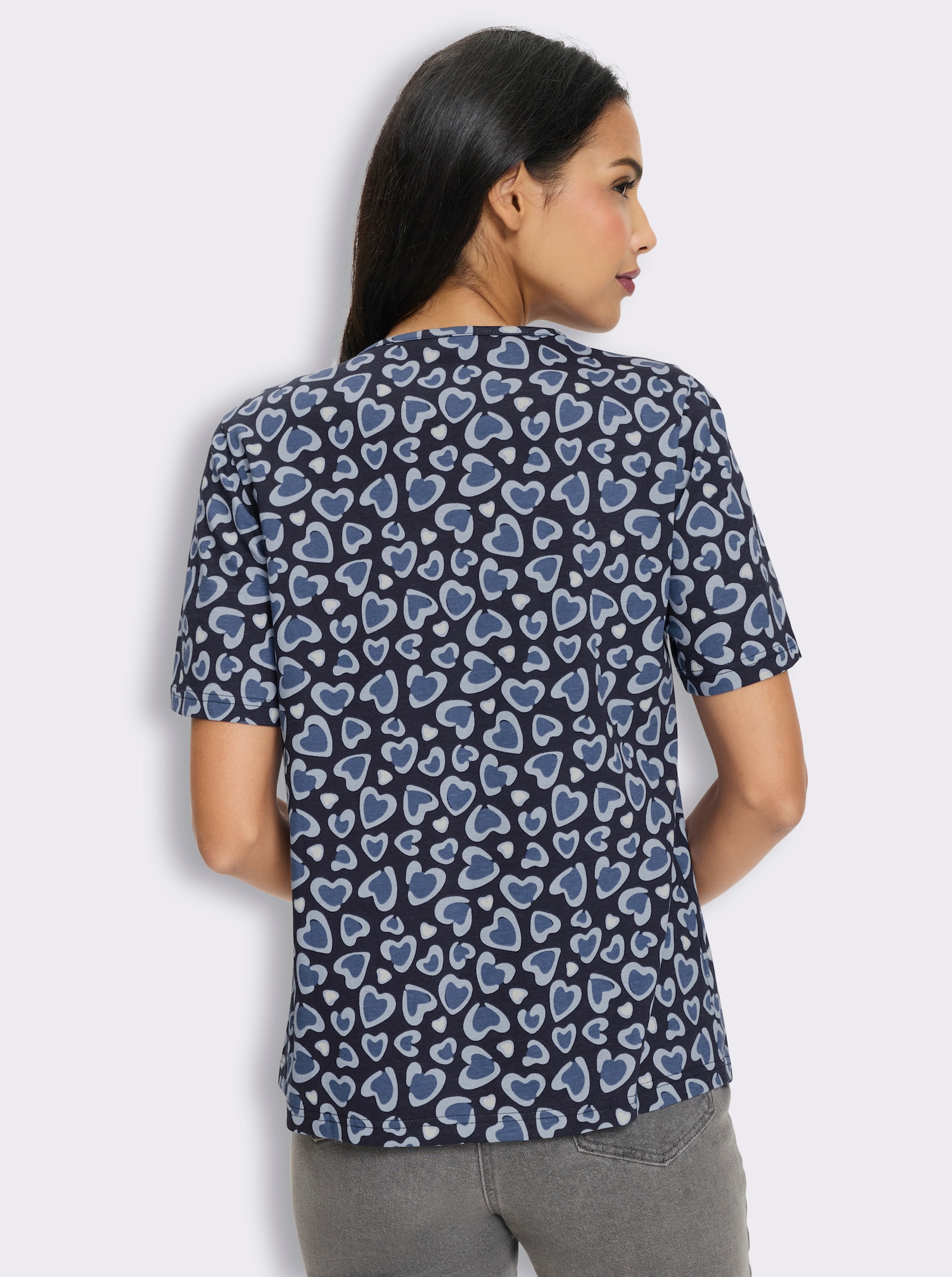 Rundhalsshirt mit Falten am Ausschnitt - marine-eisblau-bedruckt