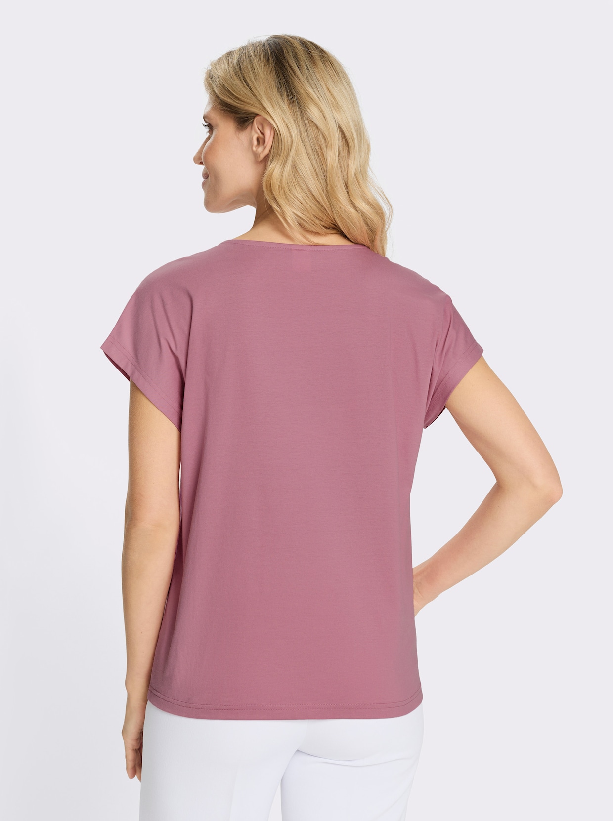 Rundhalsshirt mit überschnittenen Schultern - altrosa-fuchsia-bedruckt