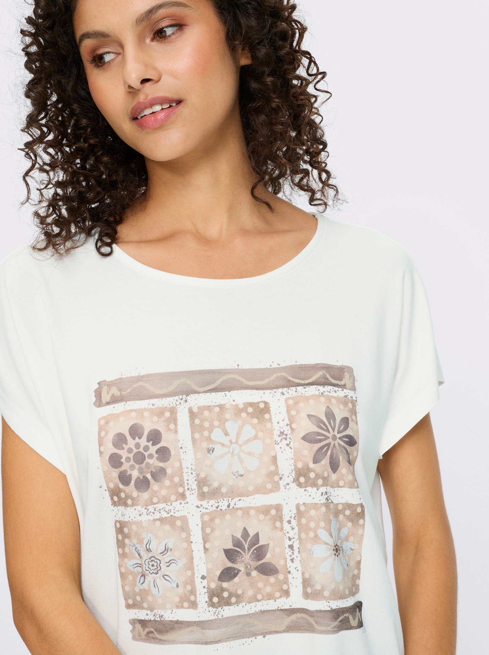 heine Kurzarmshirt mit Blüten-Frontprint - ecru-taupe-bedruckt
