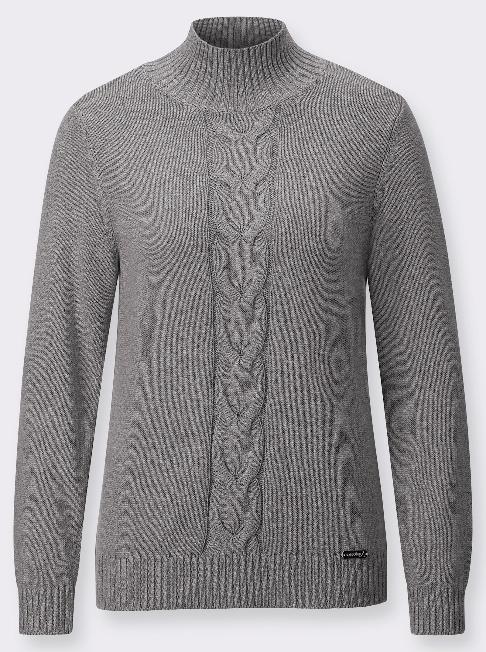 Stehkragenpullover mit Zopfmuster im Vorderteil - anthrazit-ecru-meliert