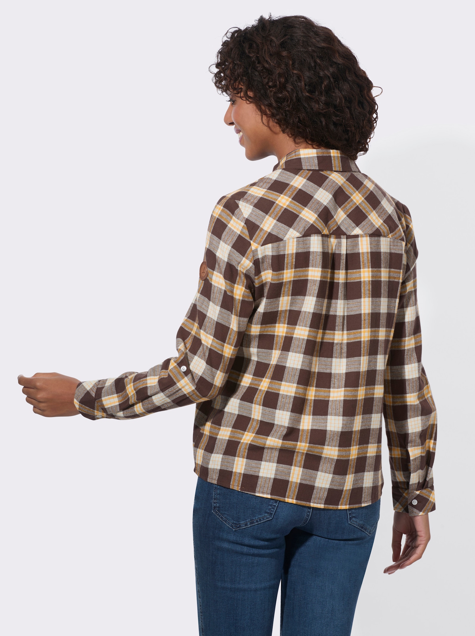 Flanellbluse mit abgerundetem Saum - schoko-ecru-kariert