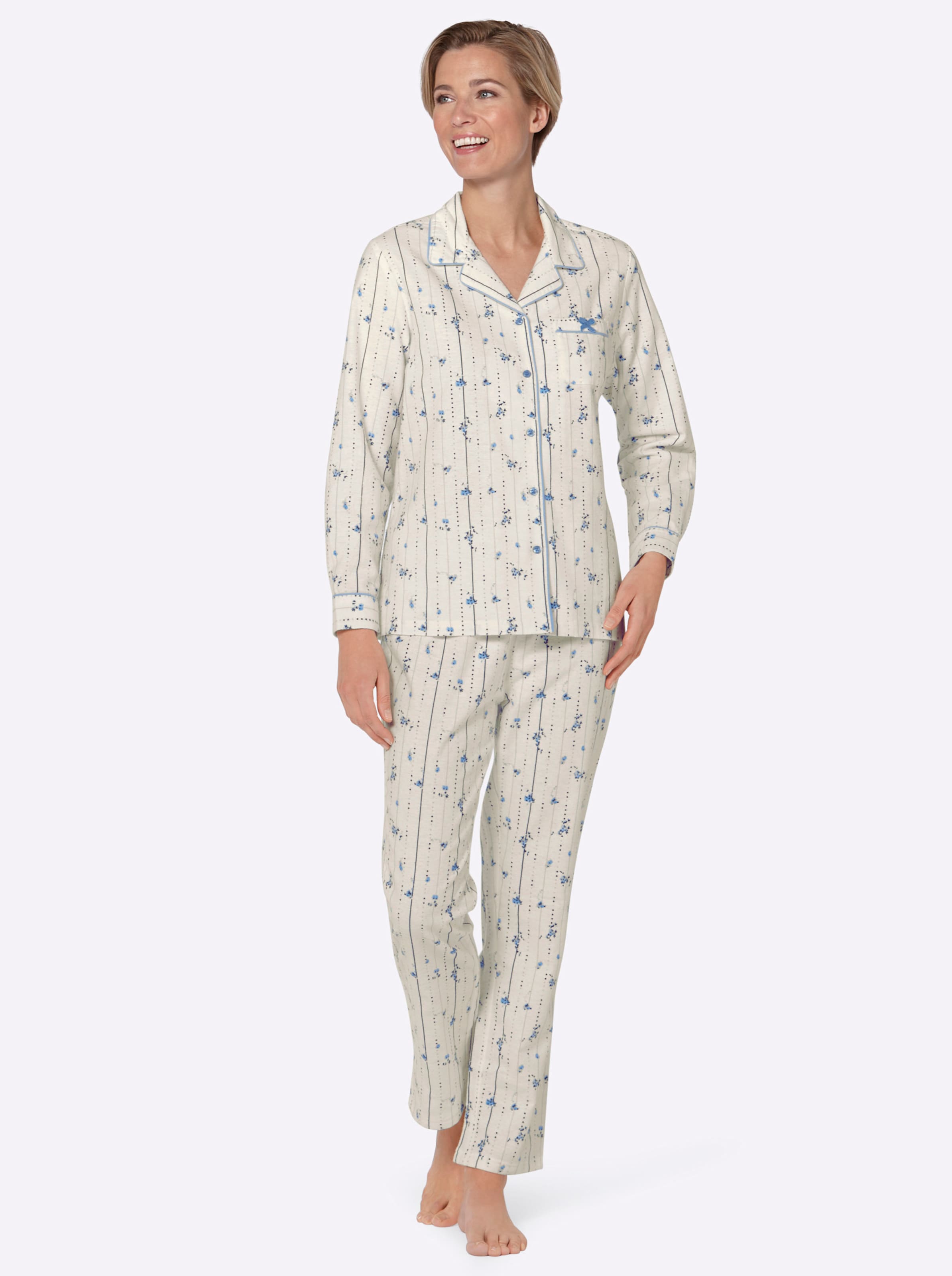 Witt Damen Pyjama, weiß-blau