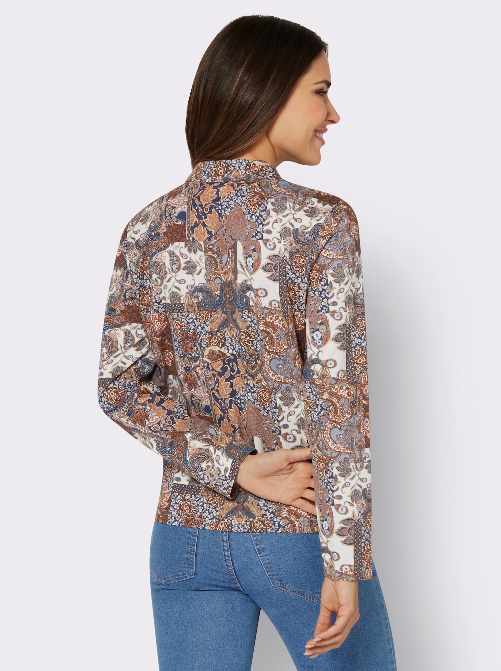 Langarm-Poloshirt mit Druckmuster - dunkelblau-cognac-bedruckt