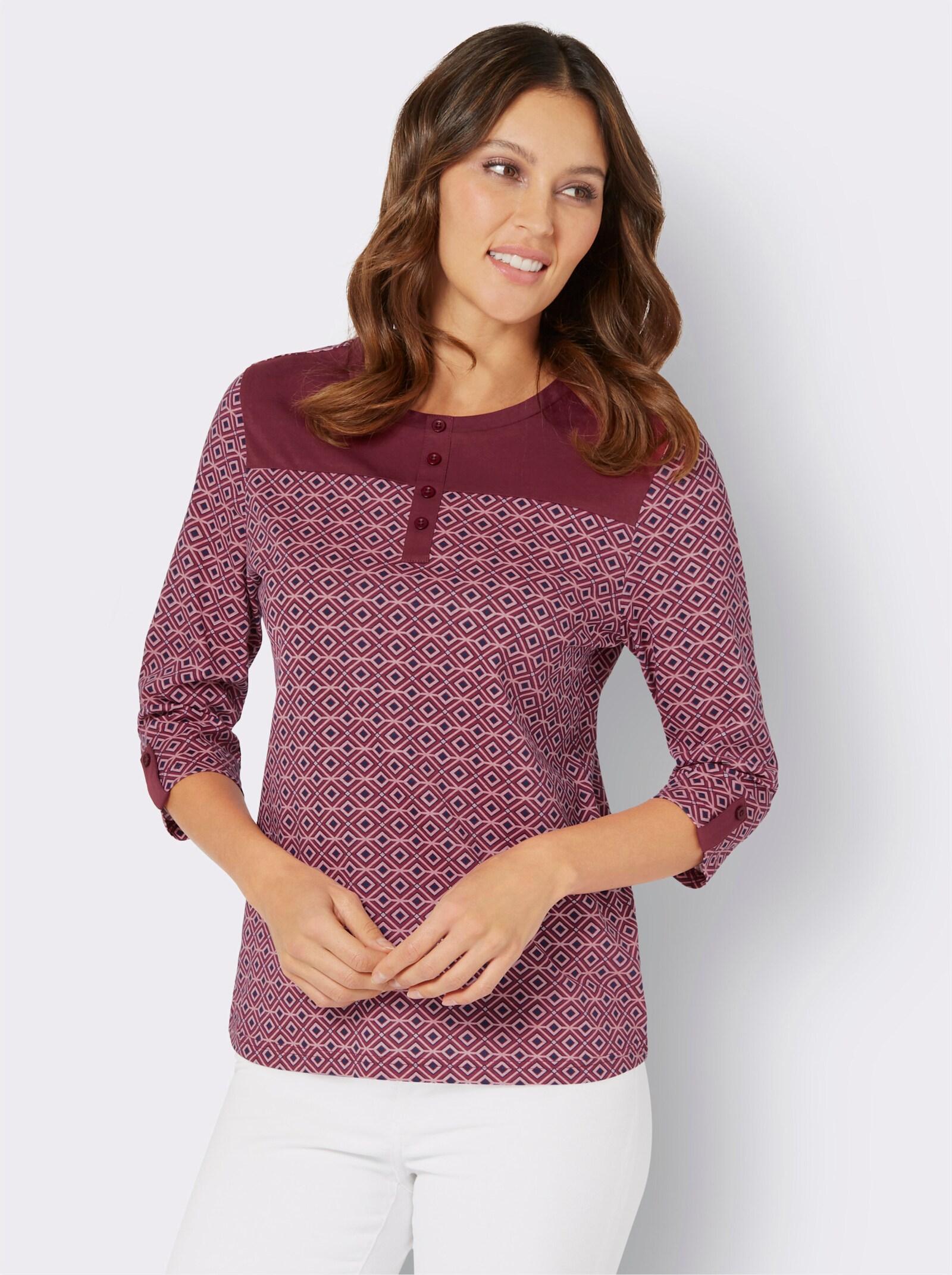 3/4-Arm-Shirt mit einfarbiger Schulterpasse - bordeaux-hortensie-bedruckt