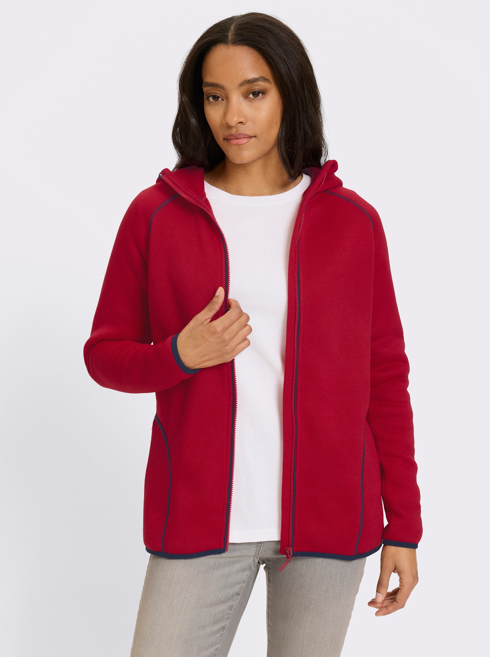 heine Kapuzenfleecejacke mit Kontrastnähten - rot