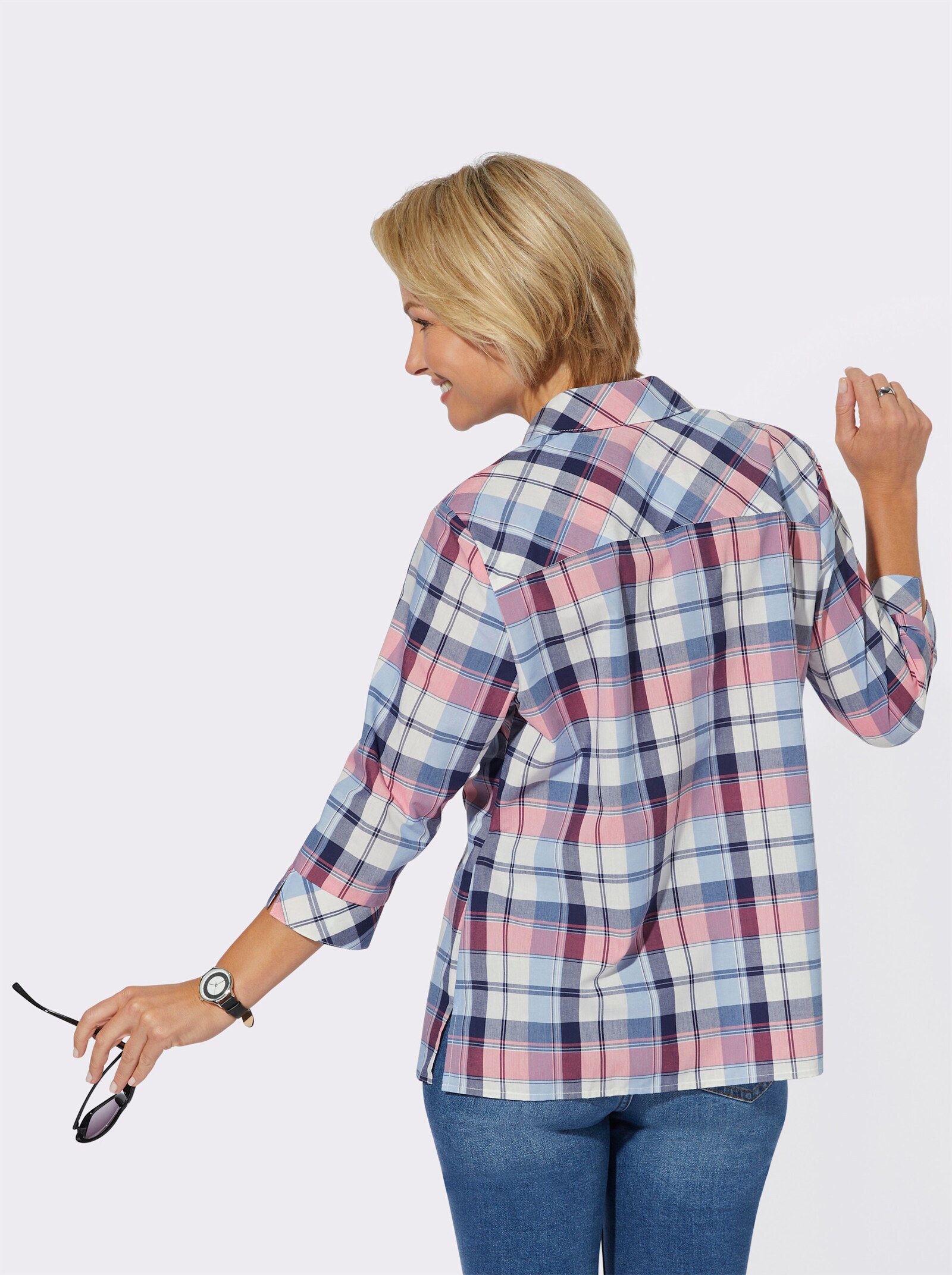 Hemdbluse mit Reißverschluss - flamingo-marine-kariert