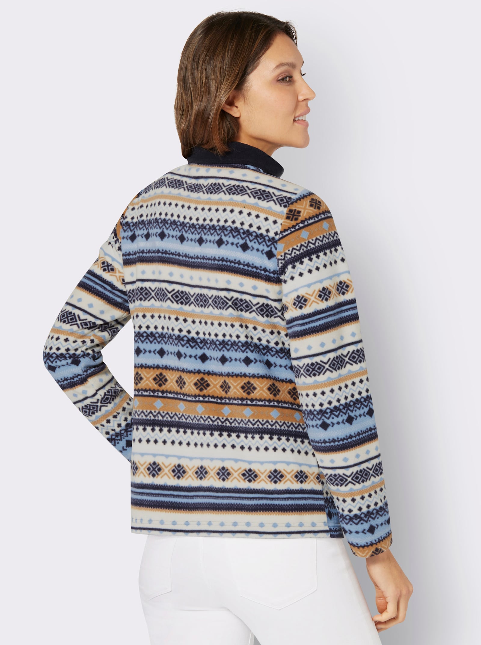 Fleecová bunda s norským vzorem - bílá-námořnická modrá-potisk