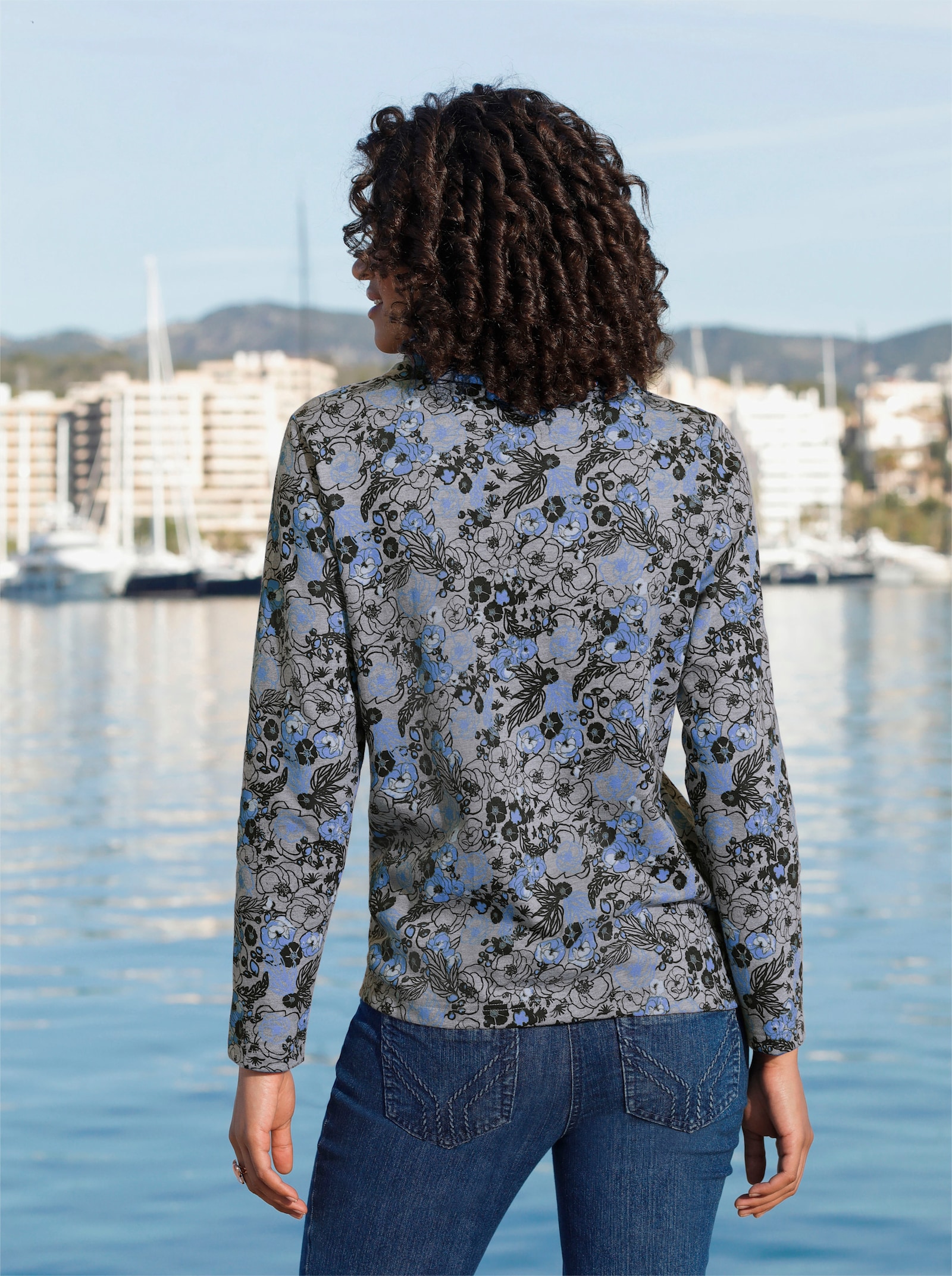 Sweatshirt mit Blüten-Druck - blau-grau-gemustert