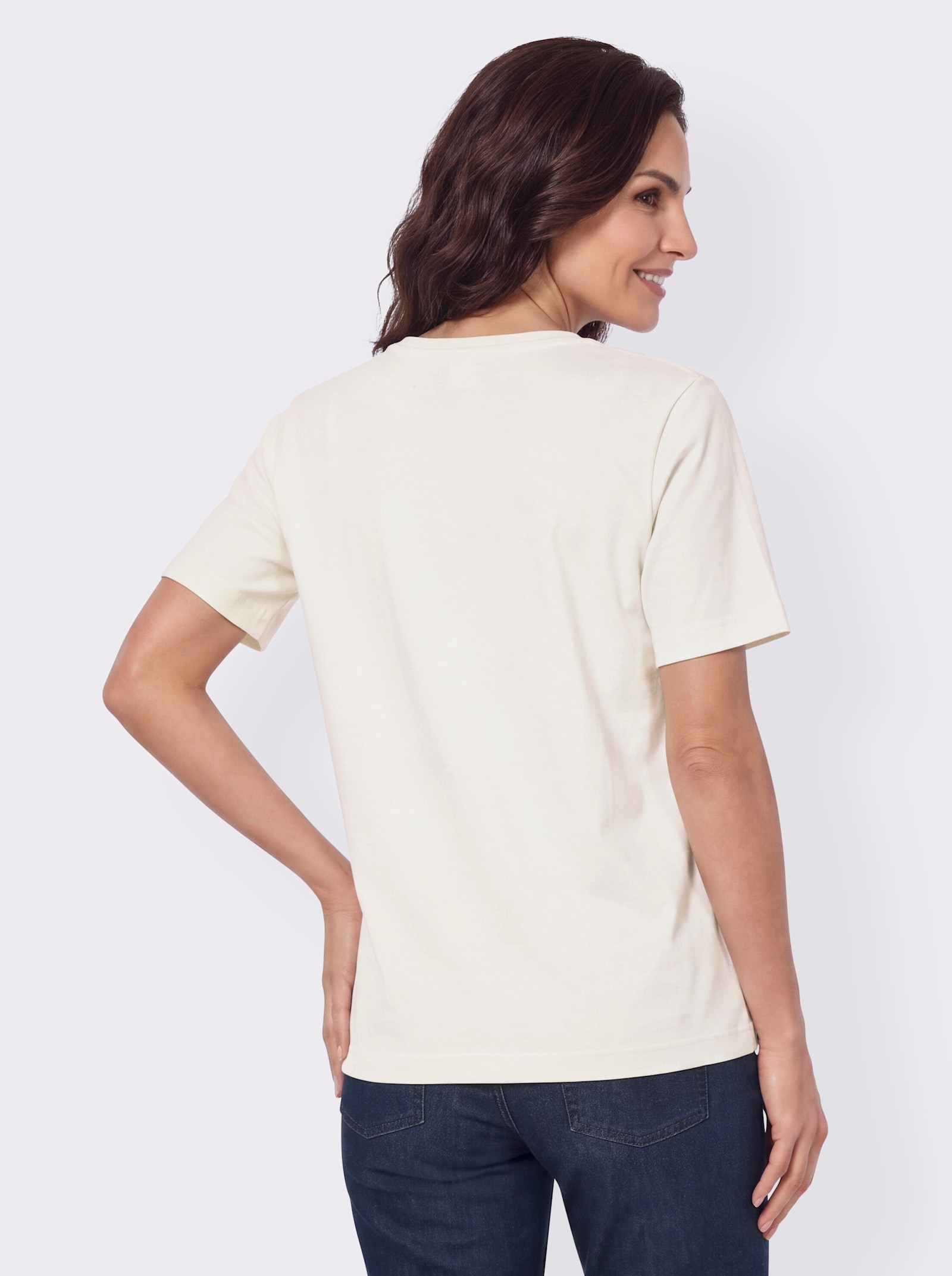 Print-Shirt mit Blätter-und Schriftzug-Motiv - ecru-oliv-bedruckt