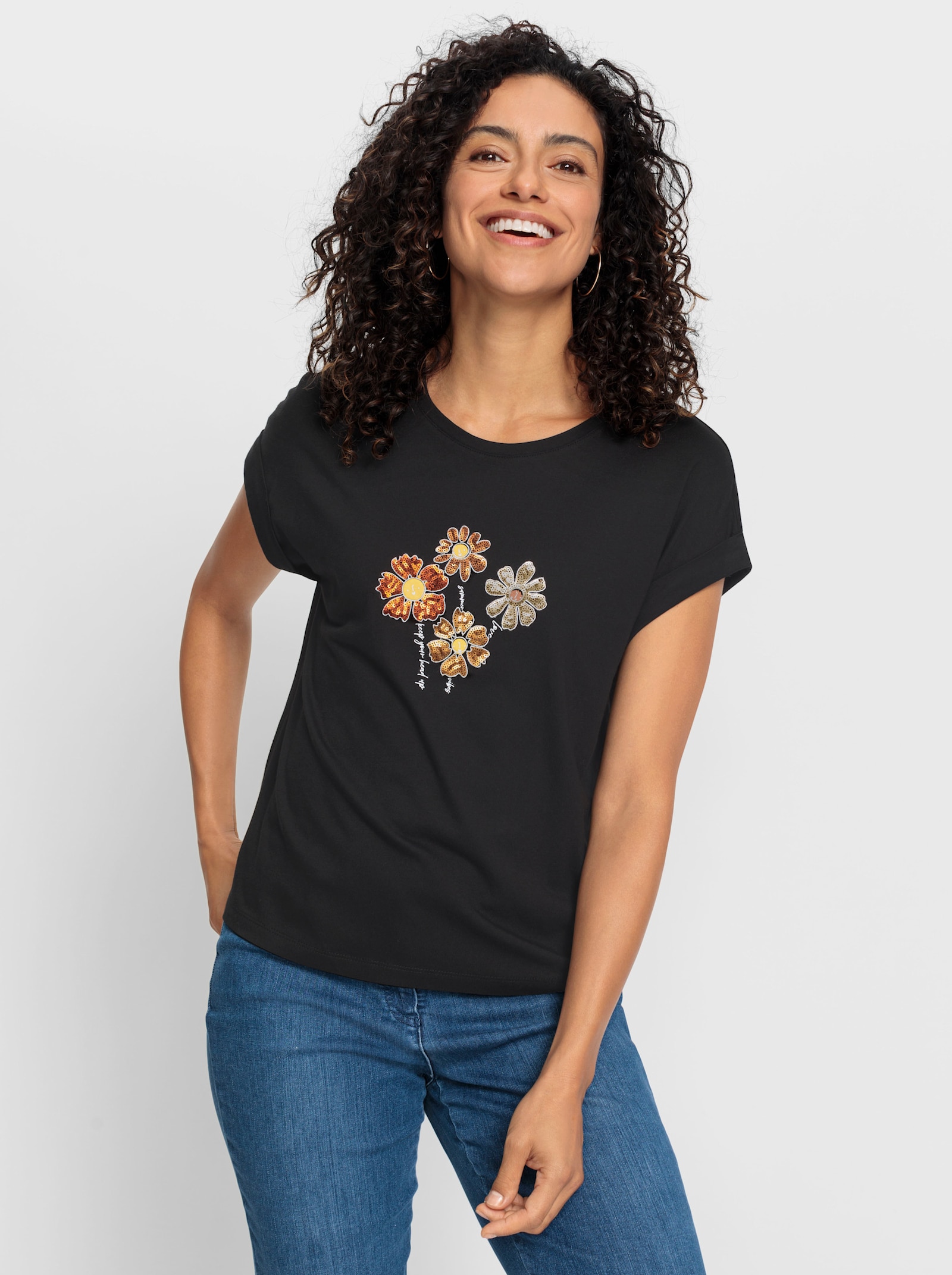 Rundhalsshirt mit Pailletten-Blüten - schwarz