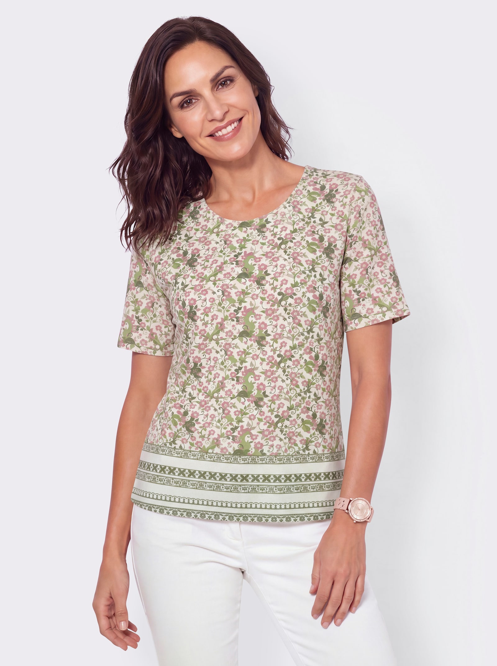 Kurzarmshirt mit Bordürenprint - khaki-hortensie-bedruckt