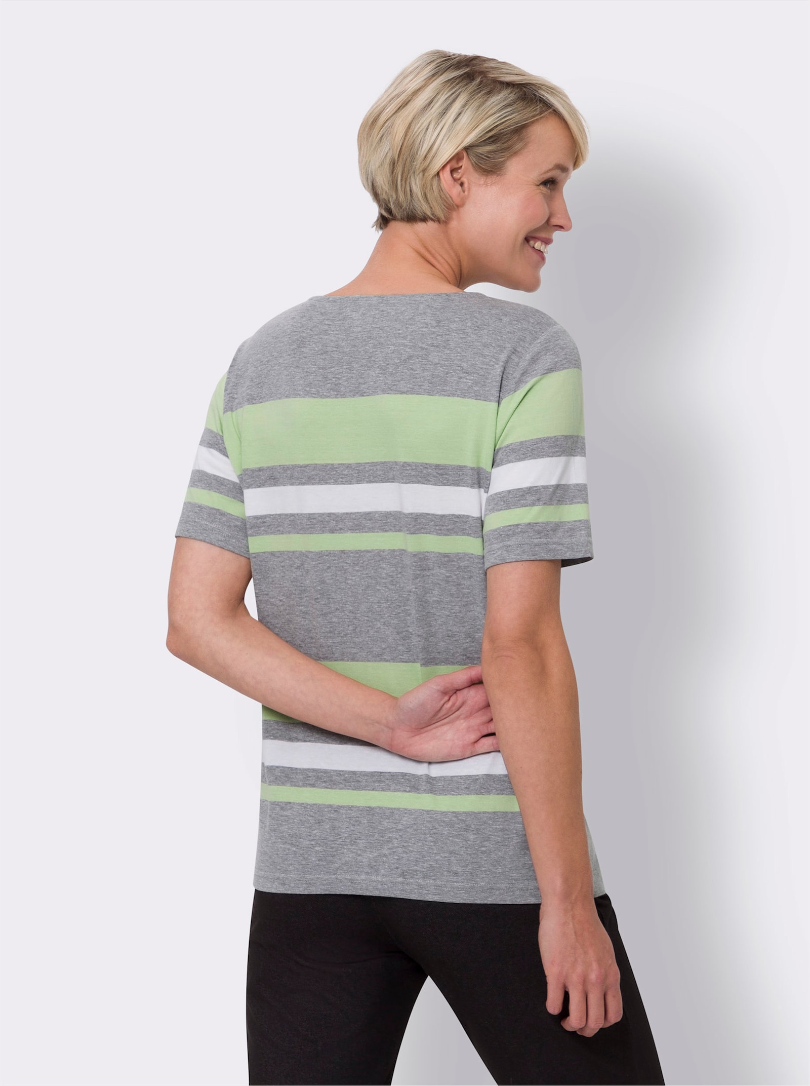 Tričko s krátkým rukávem a proužky z barvené příze - šedá-melír-rezedová-proužek