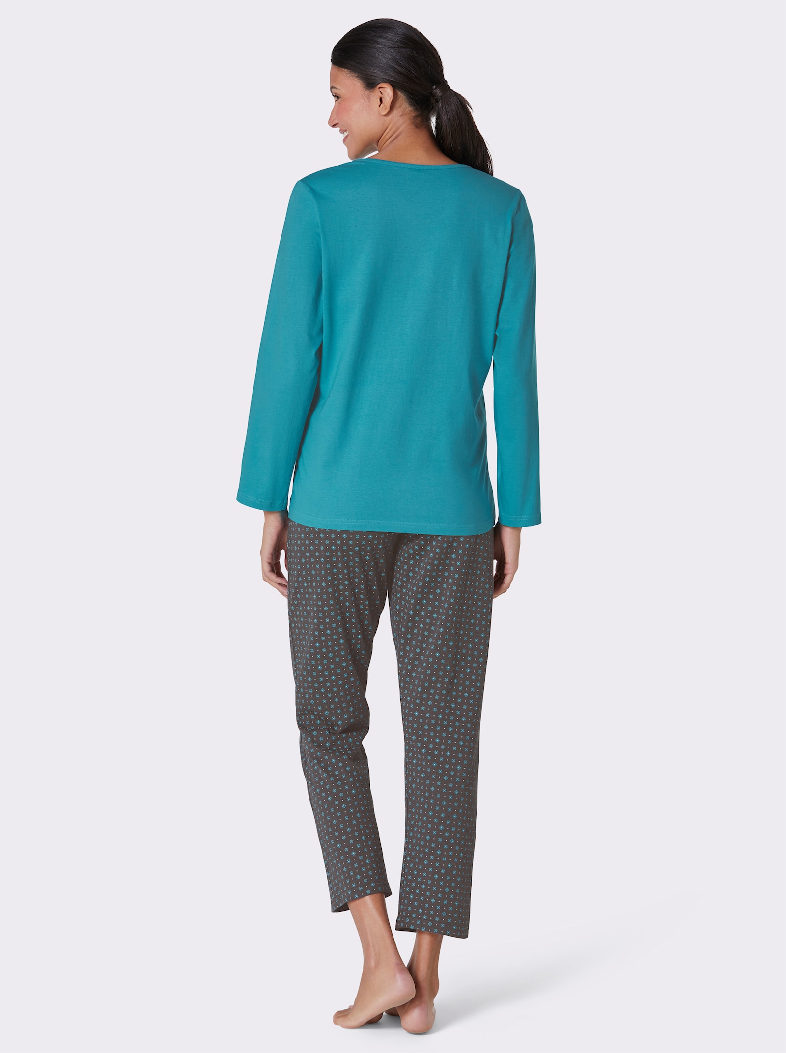 Comtessa Schlafanzug mit platziertem Motiv - türkis-grau-bedruckt