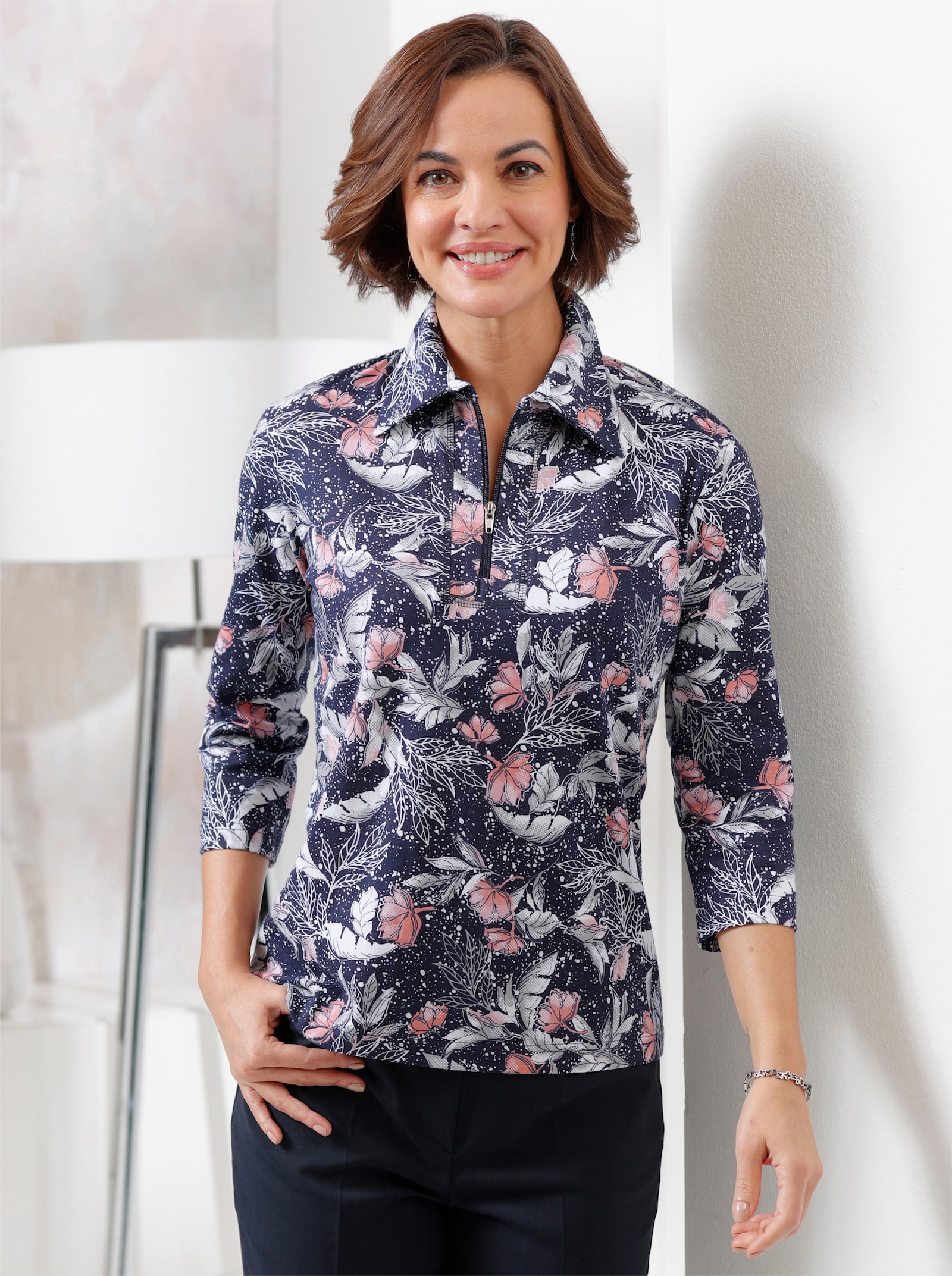 Poloshirt met gemengde bloemenprints - marine/hortensia bedrukt